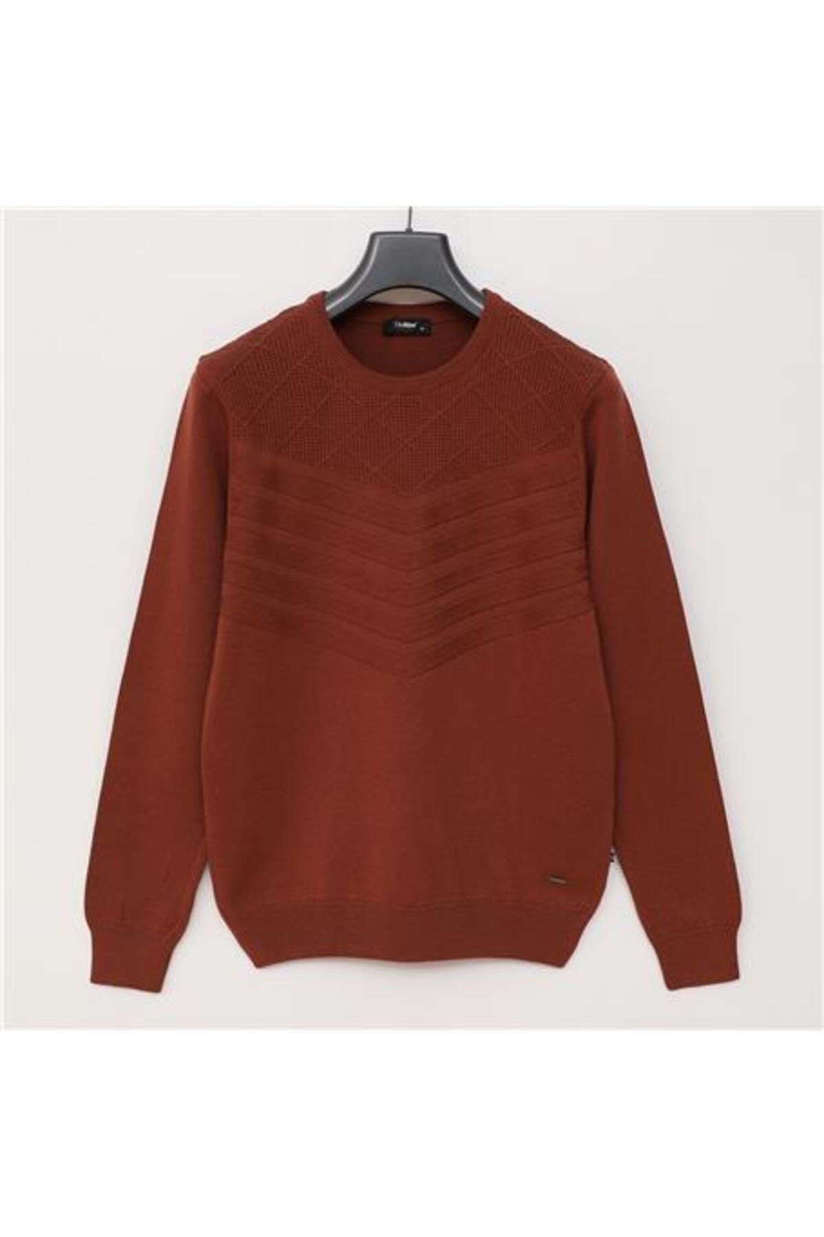 Shop58 Erkek Bisiklet Yaka Önü Dokulu Standart Fit Pamuklu Triko Kazak - 180967 - Kiremit