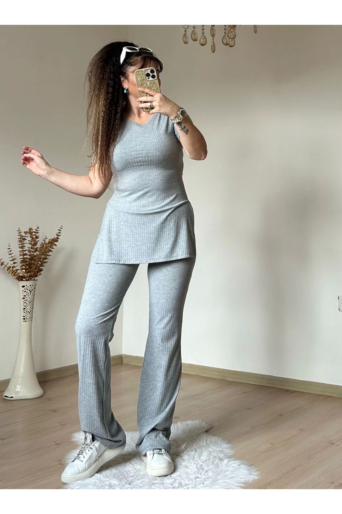 azra moda Kısa Kol Yan Yırtmaçlı Kaskorse Takım Gri