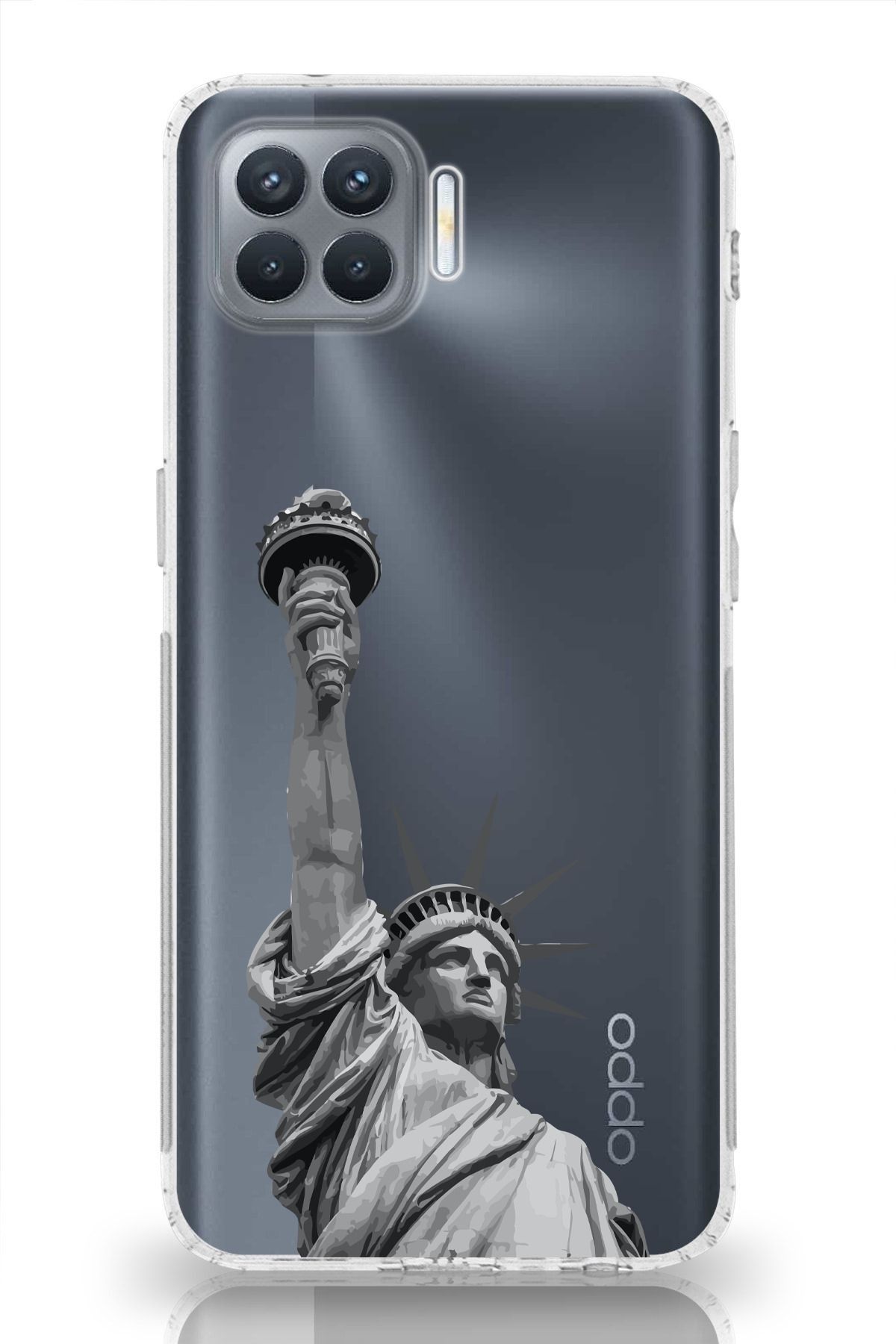 moonset Oppo Reno 4 Lite Uyumlu Özgürlük Heykeli Tasarımlı Baskılı Şeffaf Telefon Kılıfı