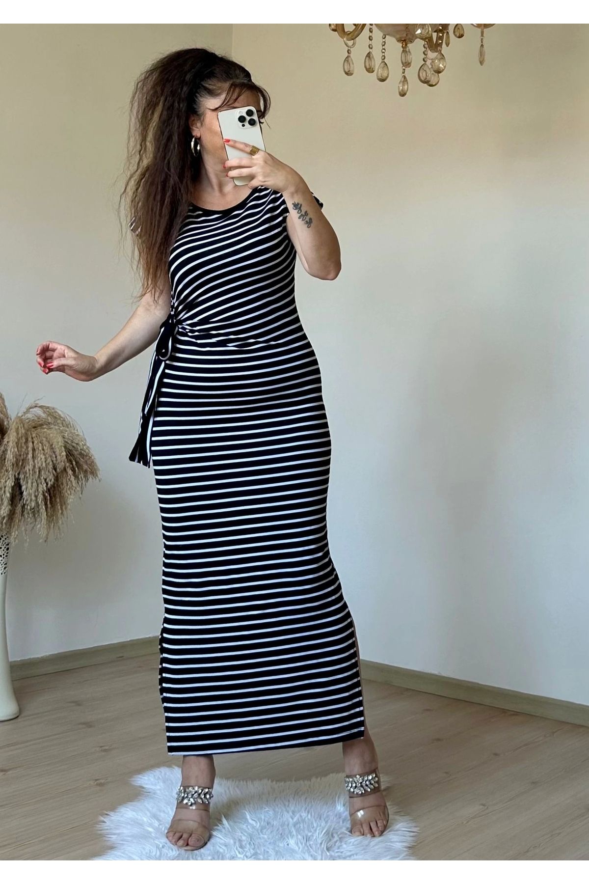 azra moda Sıyah Cızgılı Elbıse