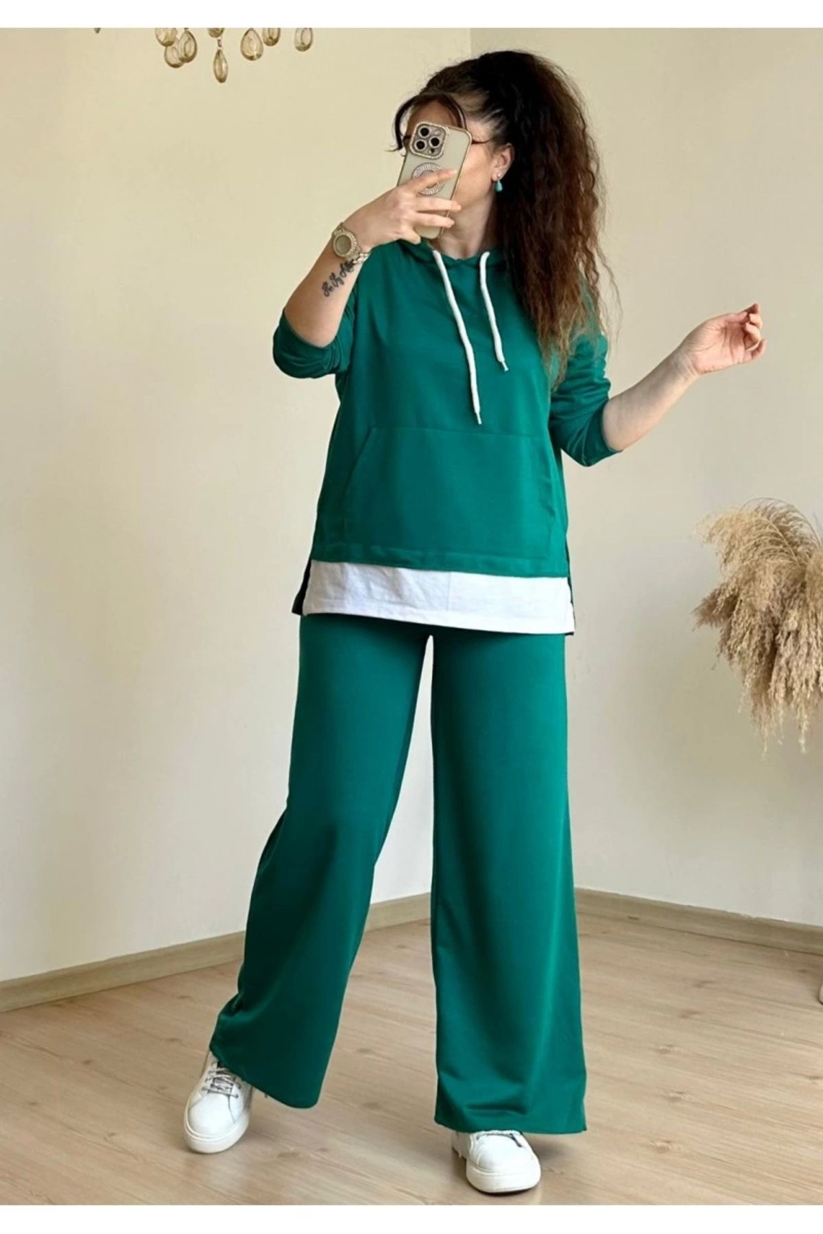azra moda Bol Paça Tshırt Detaylı Takım Yeşil