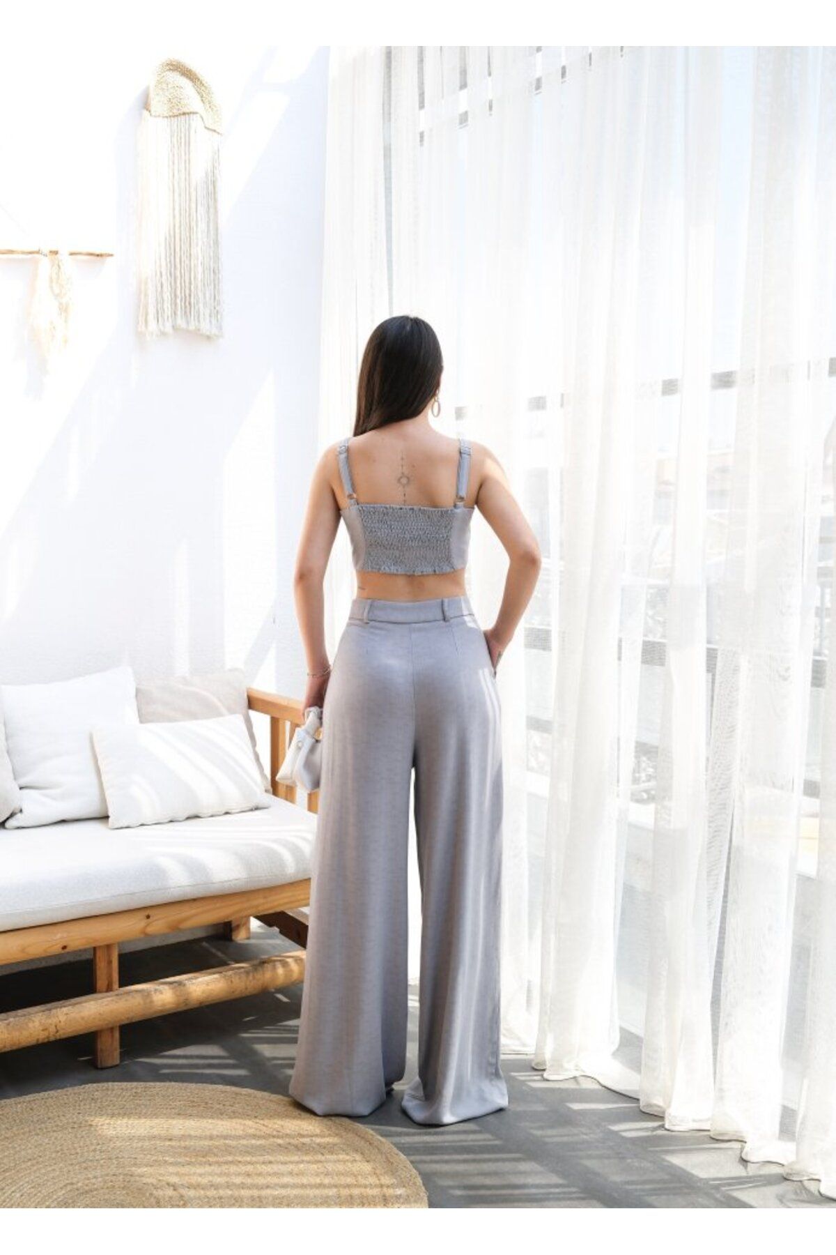 AKNButik Keten Gipeli Crop Ve Pantolon İkili Takim