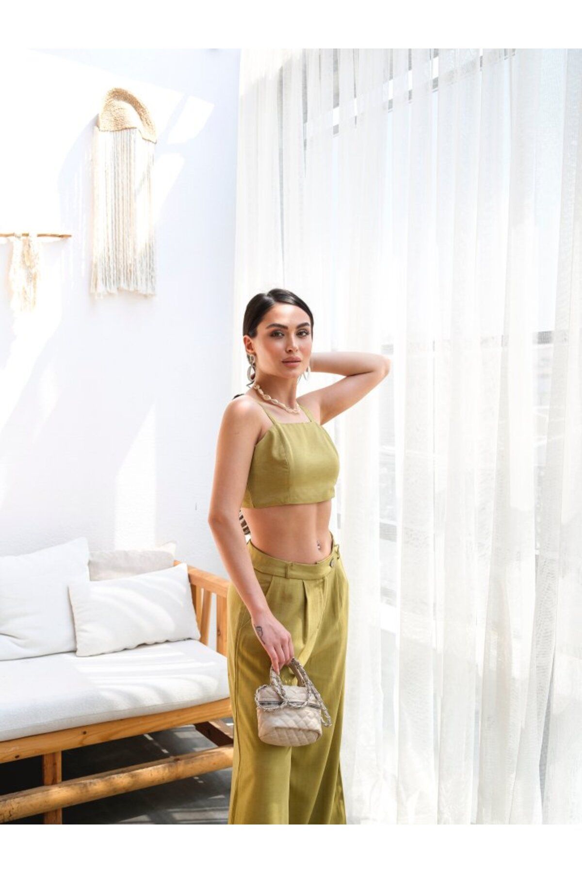 Modayakamoz Keten Gipeli Crop Ve Pantolon İkili Takim