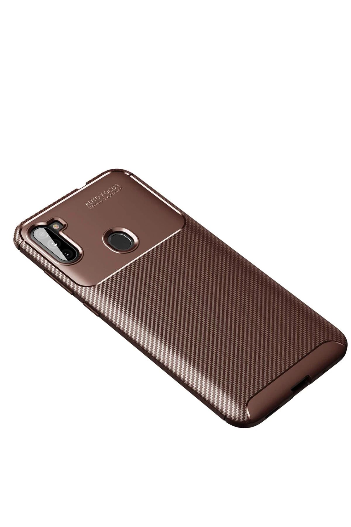 NewFace Samsung Galaxy A11 Kılıf Auto Focus Karbon Kapak - Kahverengi SVLRS
