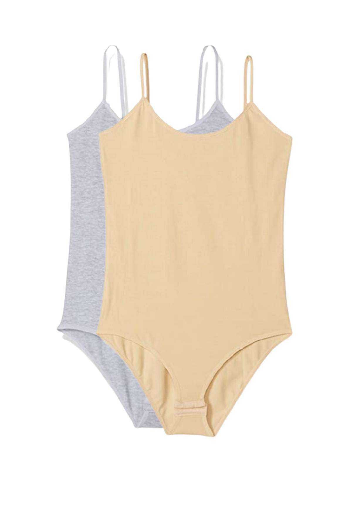Shop58 2 Adet İp Askılı Kadın Çıtçıtlı Body Gri ve Ten