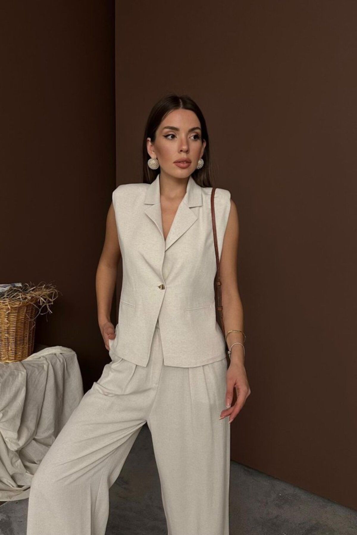 MRA Fashion Bej Keten Yelek Pantolon Takım