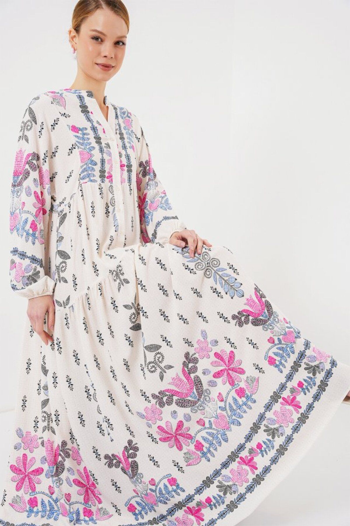 Kokosh moda 2423 Otantik Desenli Tesettür Elbise - C. Pembe