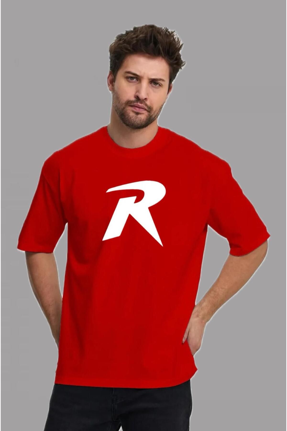 woonkey UNISEX OVERSİZE R BASKILI BİSİKLET YAKA TİŞÖRT RAHAT KALIP YENİ SEZON