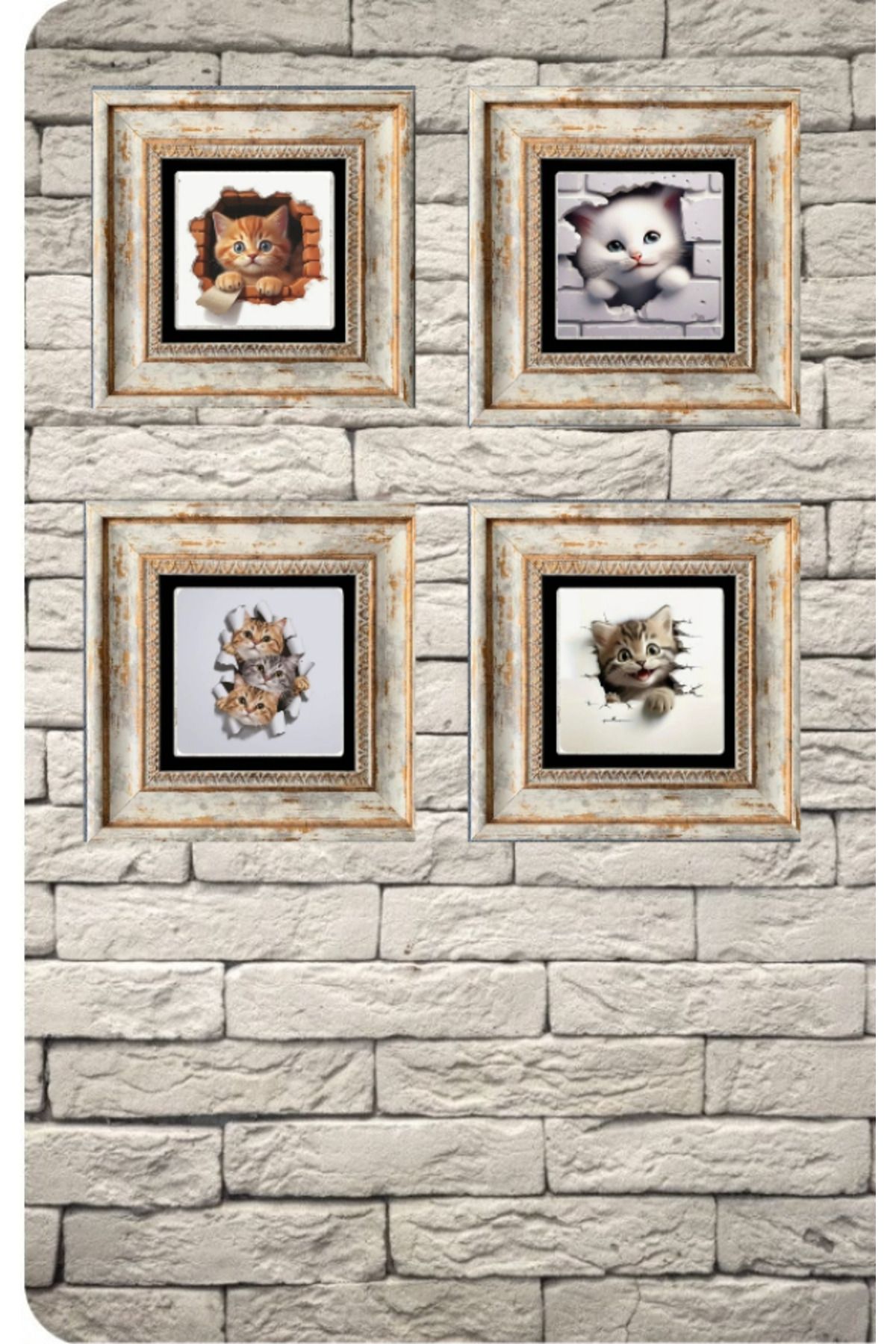 STONEVİVEART Baby Cats Duvar Tablosu 20x20 Cm 4 Adet Doğal Taş Duvar Dekoru