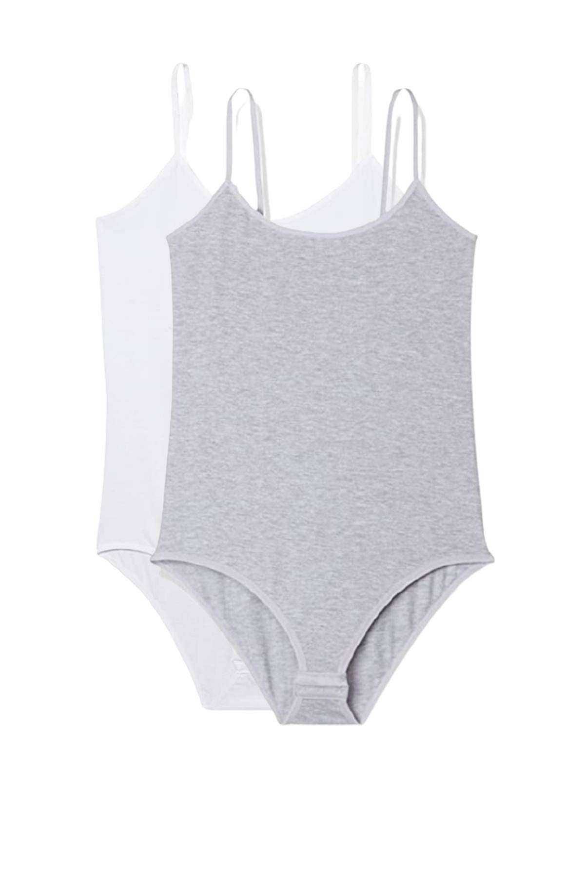Shop58 2 Adet İp Askılı Kadın Çıtçıtlı Body Beyaz ve Gri