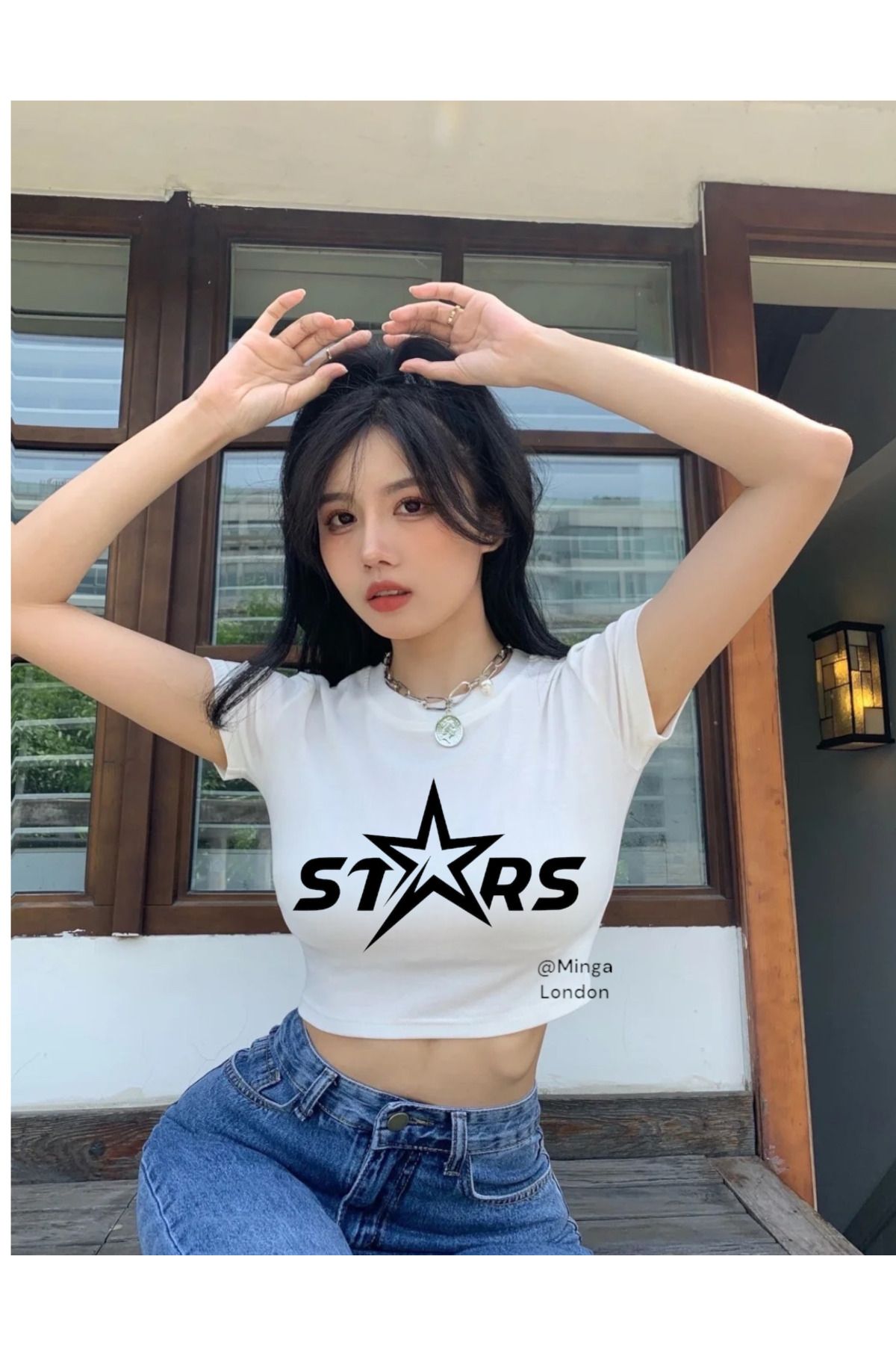 Minga London Beyaz Black St✭rs Baskılı Crop Top -Mingalondon