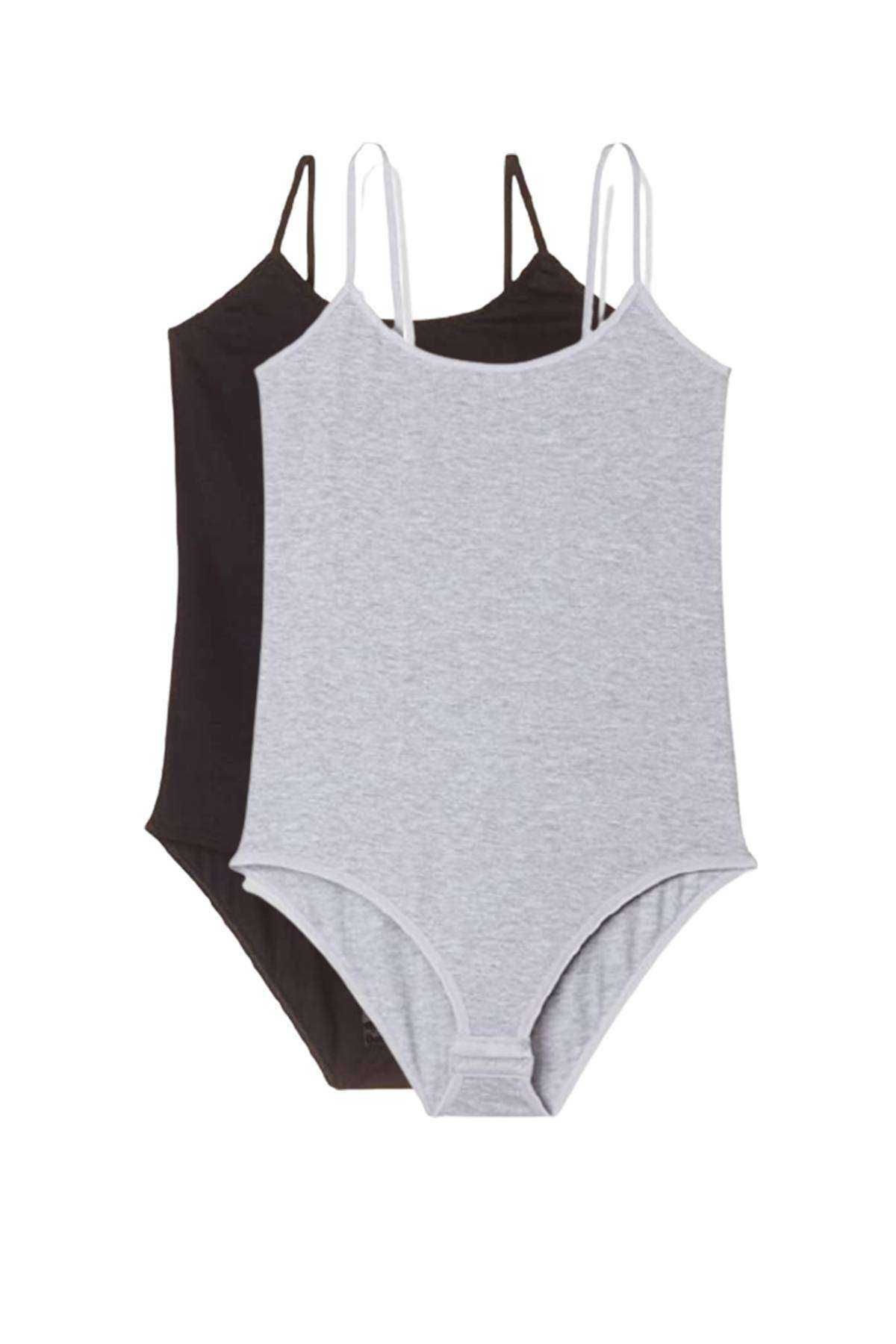 Shop58 2 Adet İp Askılı Kadın Çıtçıtlı Body Siyah ve Gri