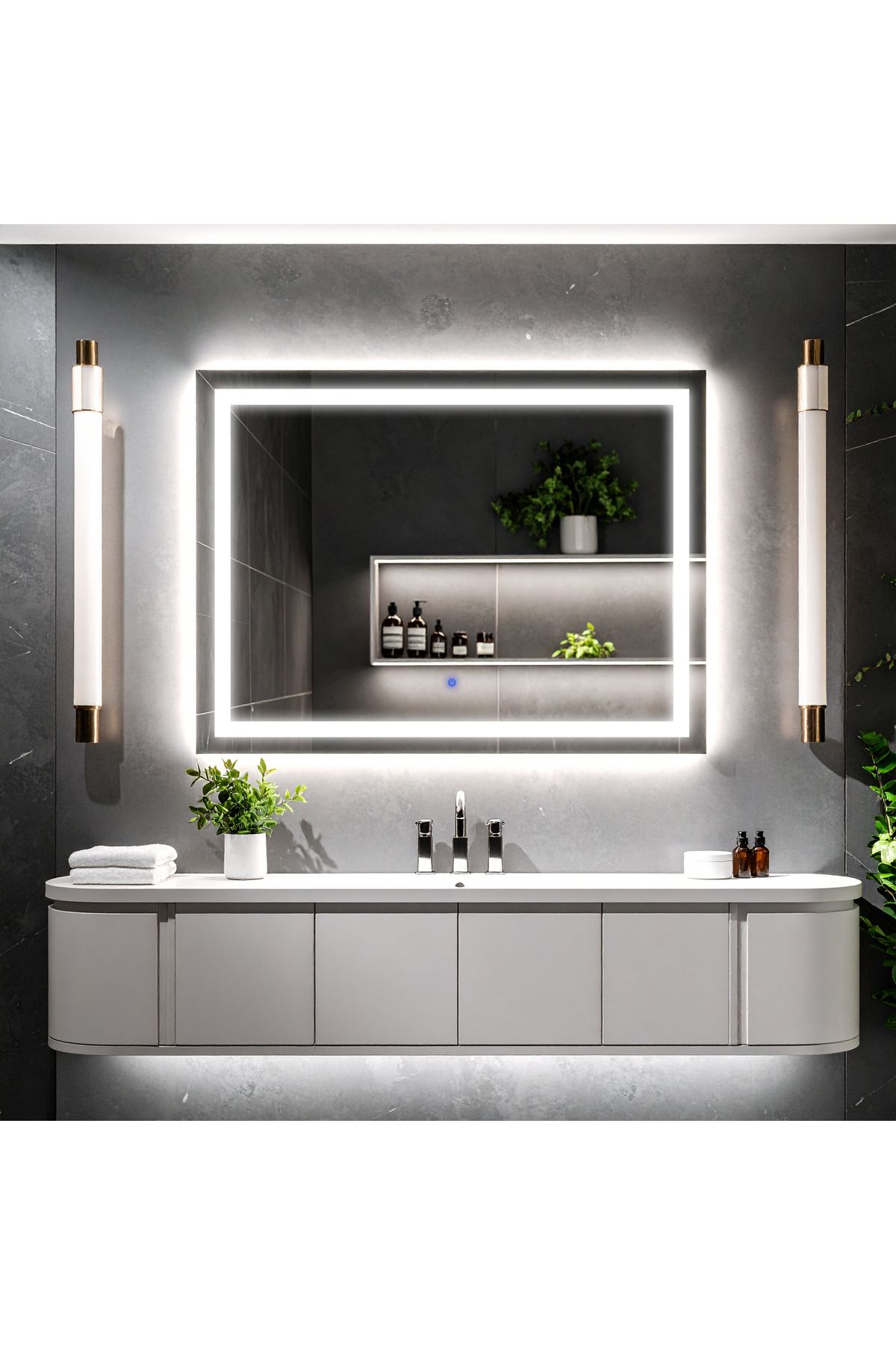 lumora mirror design Rectango Beyaz Led'li Kumlamalı Lavabo & Banyo Aynası (Dokunmatik Sensörlü)