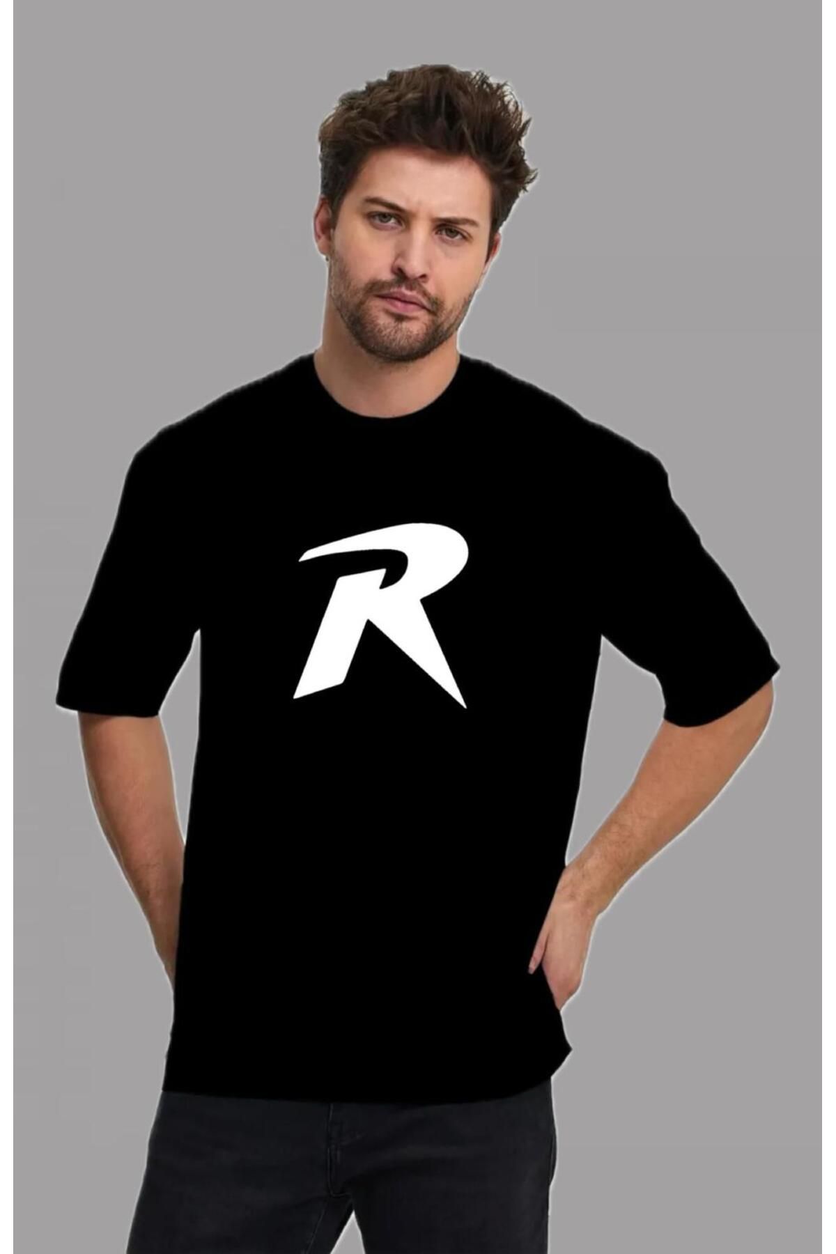 woonkey UNISEX OVERSİZE R BASKILI BİSİKLET YAKA TİŞÖRT RAHAT KALIP YENİ SEZON