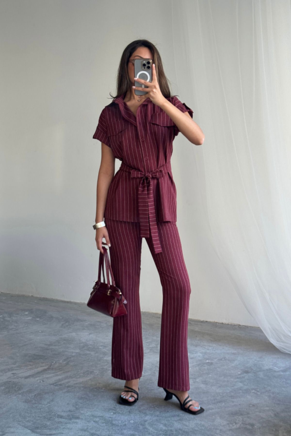 novafems ÇİZGİLİ POLYVİSKON BLUZ - PANTOLON TAKIM - Bordo