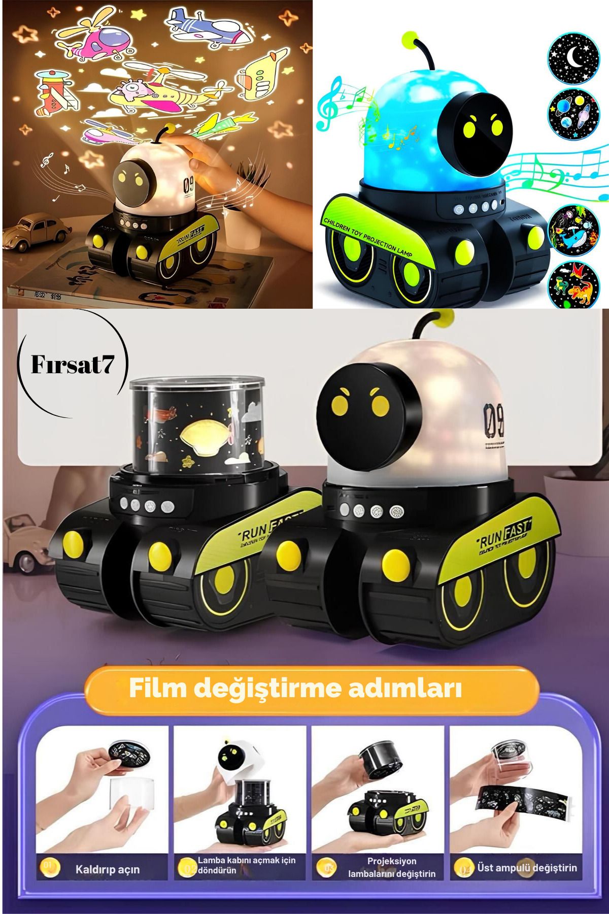 Fırsat7 ÇOCUKLAR İÇİN EĞİTİCİ VE EĞLENCELİ ROBOT TEMALİ PROJEKTÖR GECE LAMBASI 21 FİLMLİ