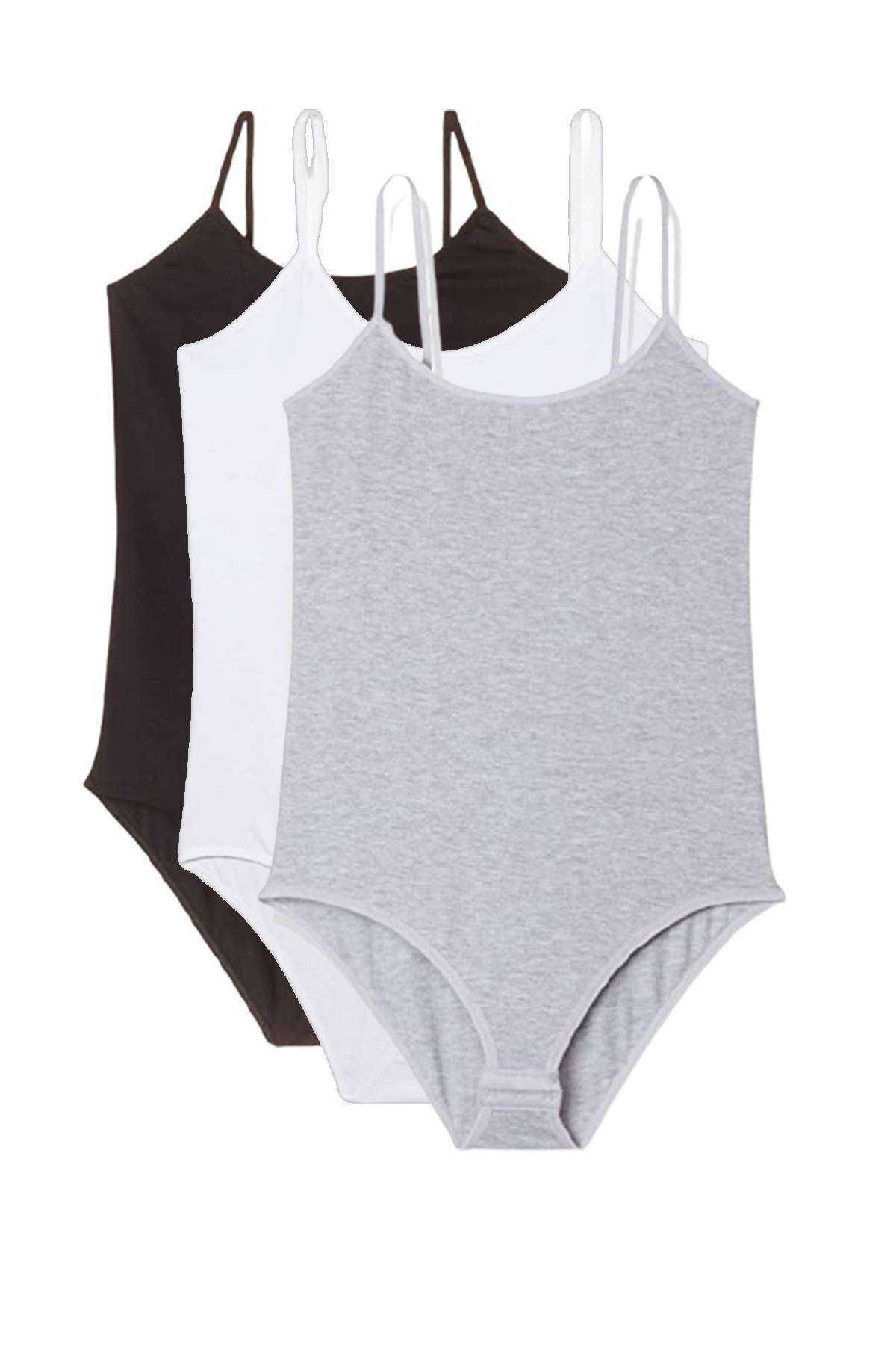 Shop58 3 Adet İp Askılı Kadın Çıtçıtlı Body Siyah Beyaz Gri