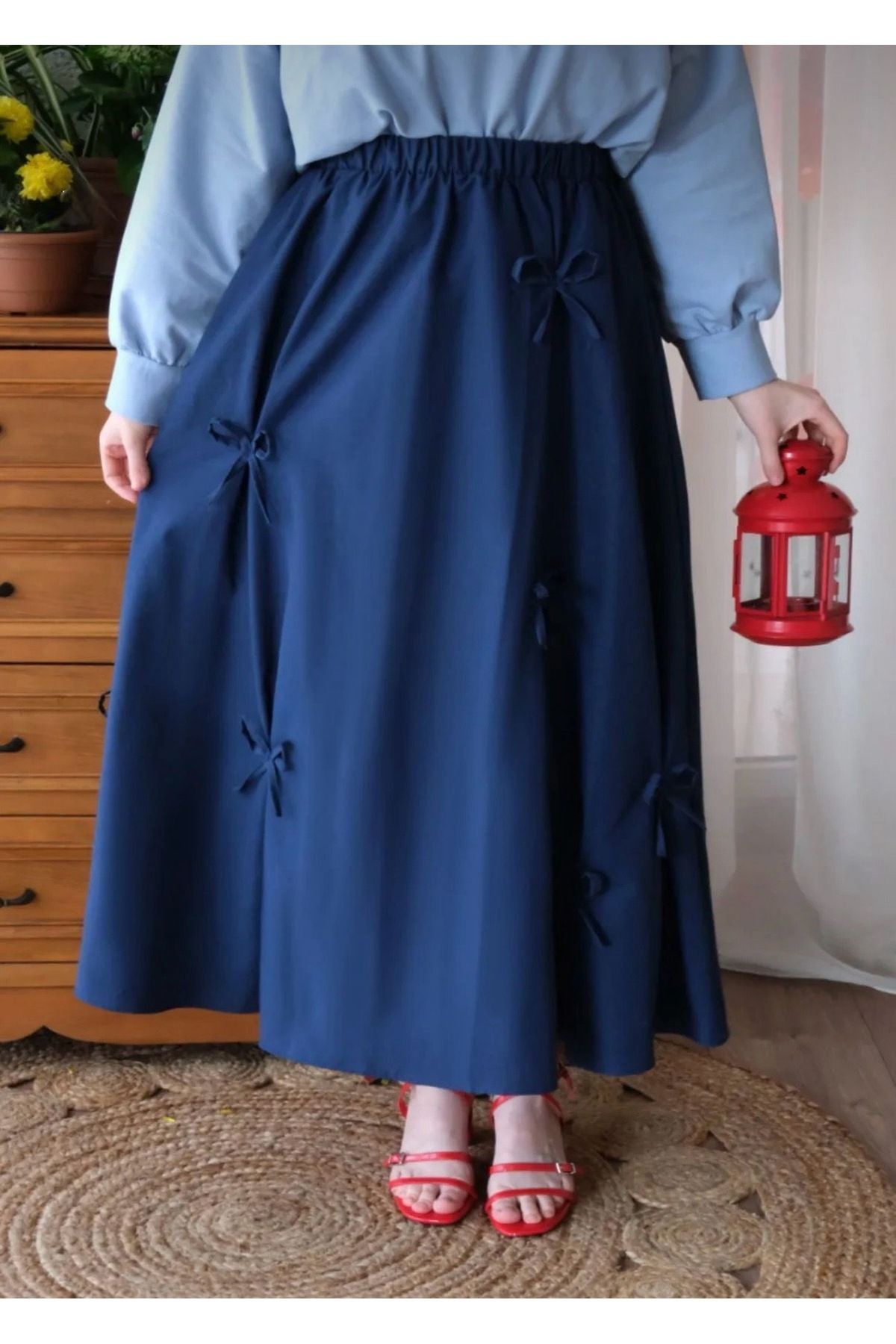 Kurtayfashion Kadın beli lastikli fiyonk detaylı etek