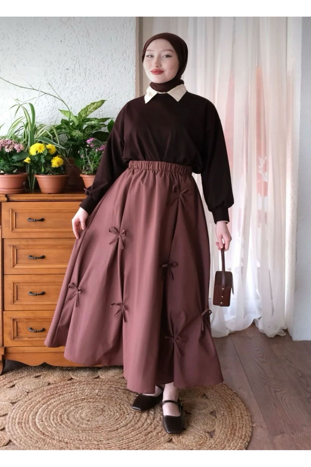 Kurtayfashion Kadın beli lastikli fiyonk detaylı etek