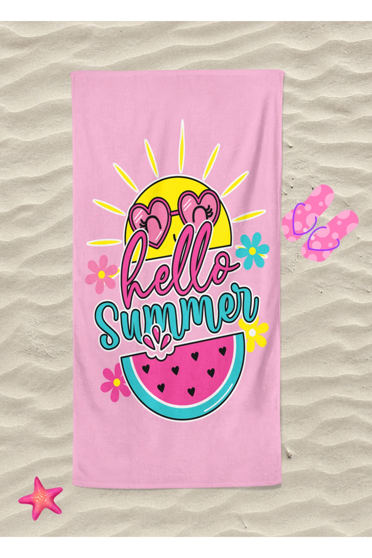 Erays Home Hello Summer Desenli Dijital Baskılı Plaj Havlusu Kadın Plaj Havlusu Deniz Havlusu