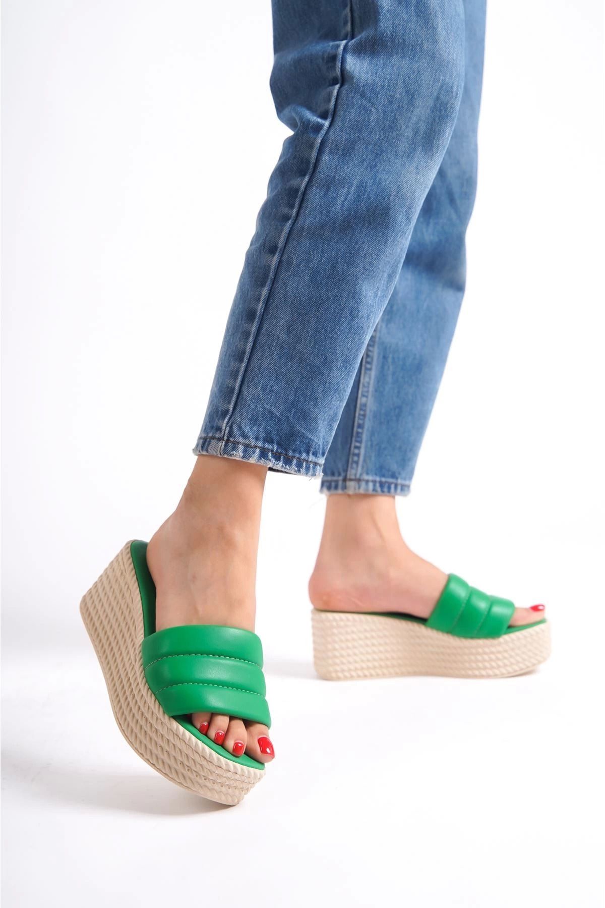 Shop58 Mendal Yeşil Cilt Dolgu Topuk Terlik
