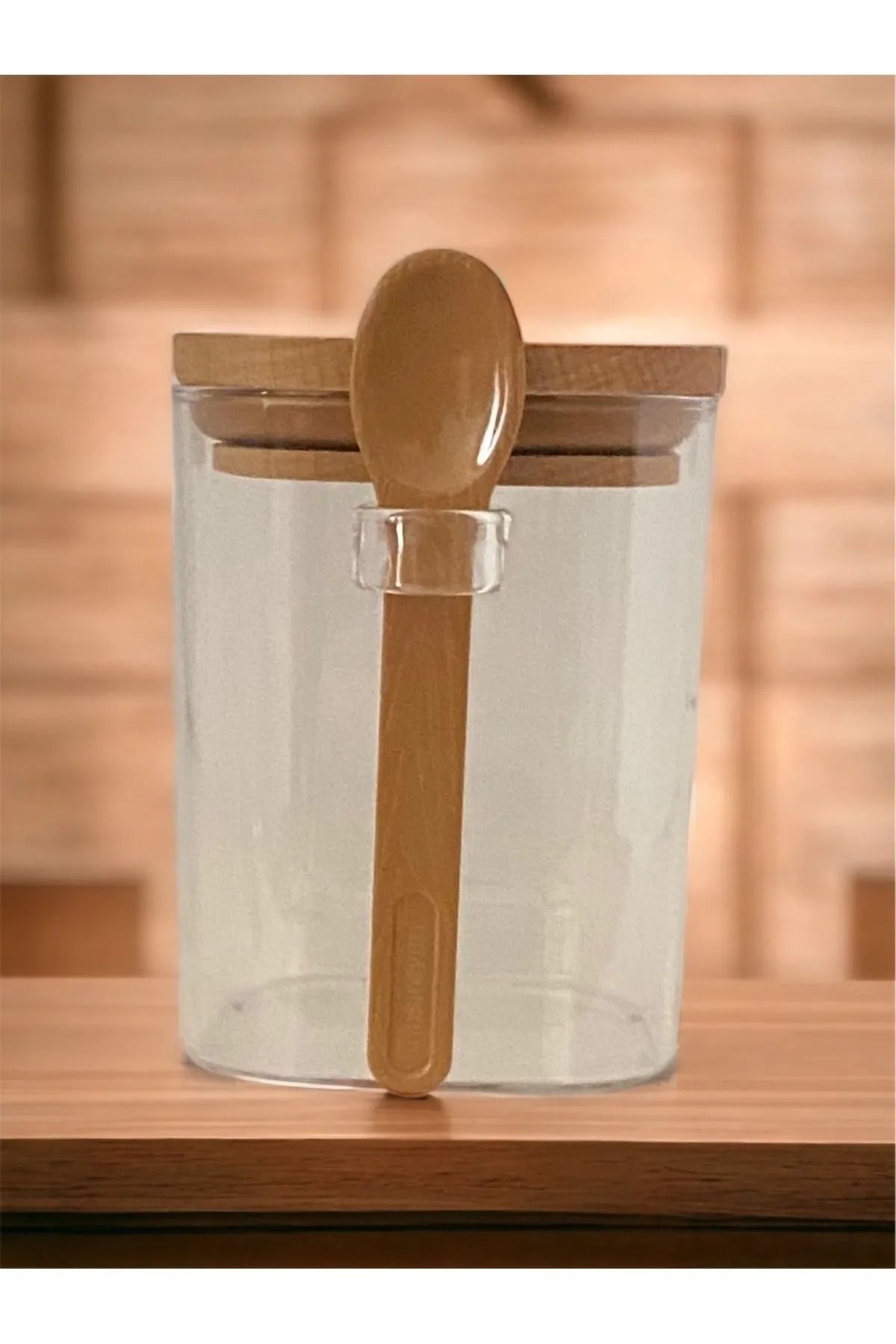 Shop58 Kare Bambu Kapaklı Kaşıklı kristal plastik Baharat Saklama Kabı 500ml ( 1 adet ) Royaleks-HS501
