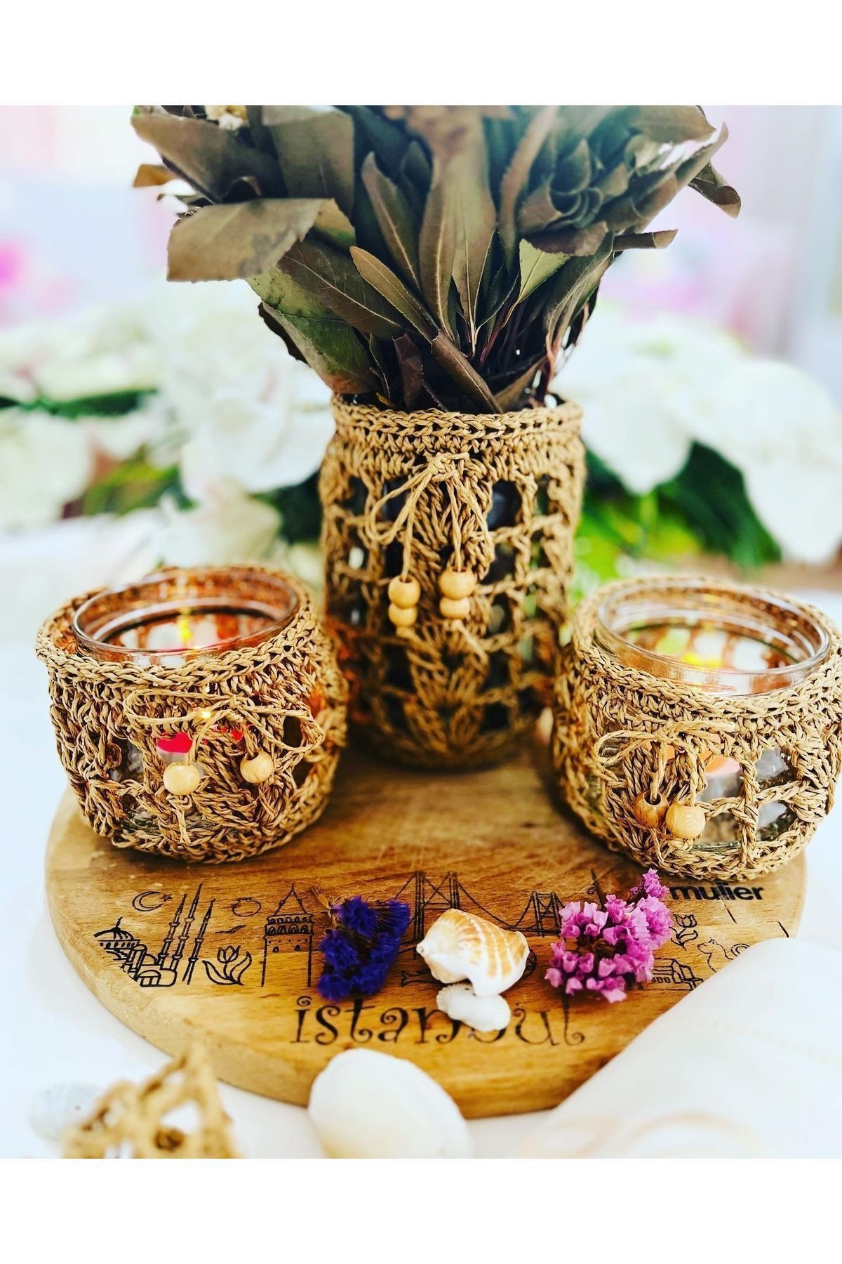 teknotrust Handmade Hasır Dekoratif Vazo,2 Li Mumluk ve Peçete Halkası Seti