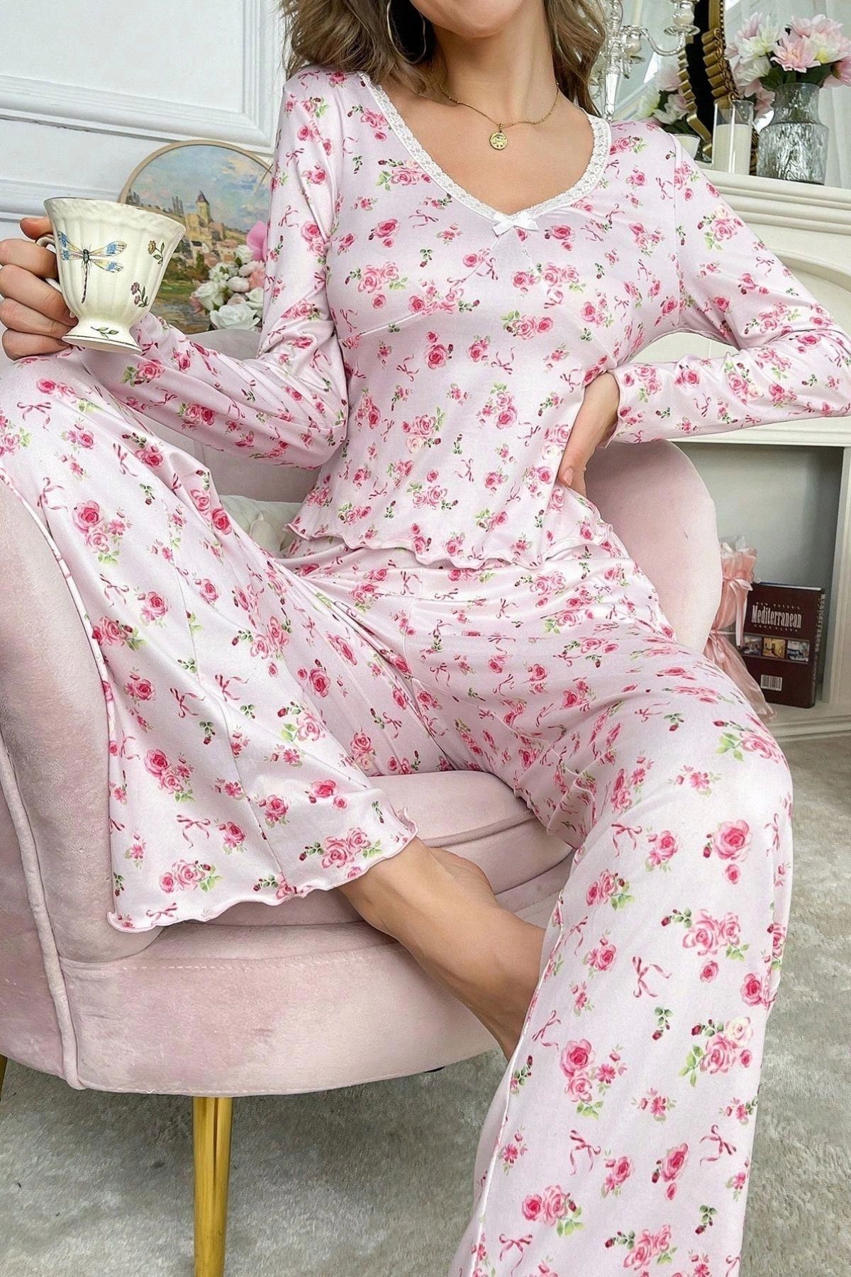 nedo7 Pembe Çiçek Baskılı Pamuklu Pijama Takımı 7301