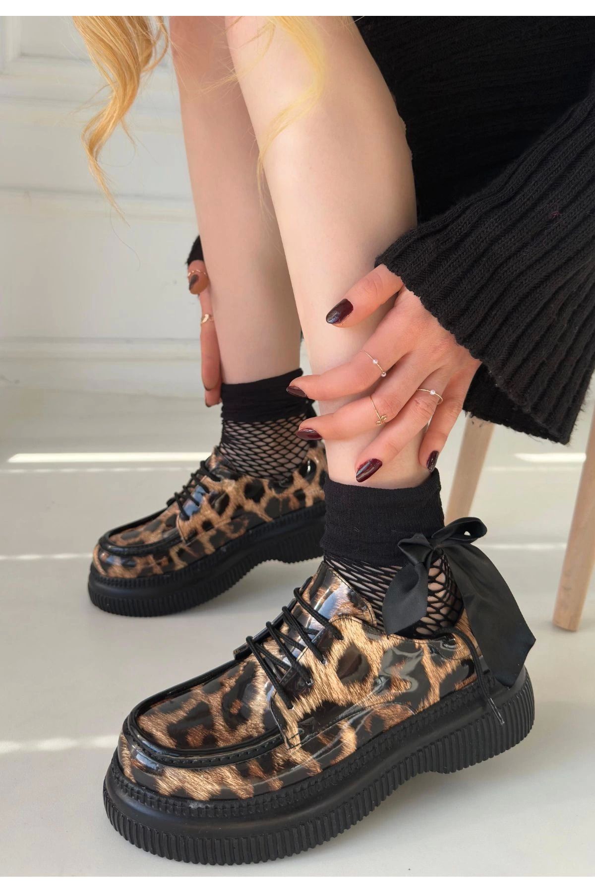 Shop58 Teop Leopar Rugan Bağcıklı Babet Ayakkabı
