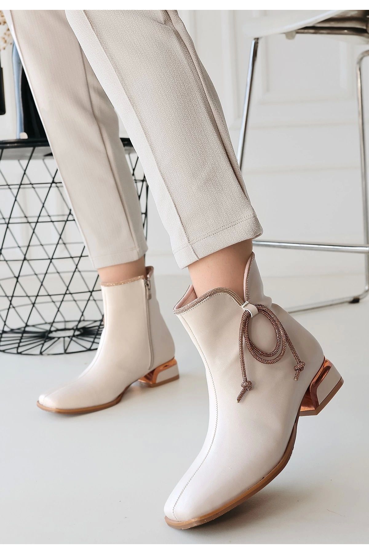 Shop58 Melina Bej Cilt Topuklu Bot