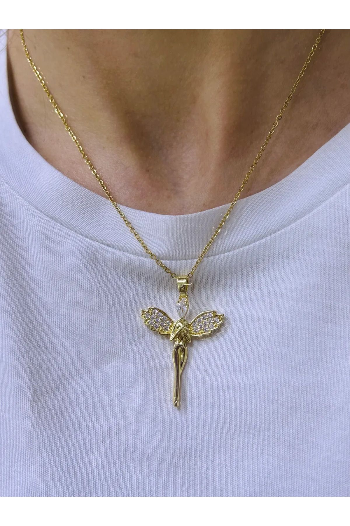 DHDmoda Gold Renk Çelik Taşlı Melek Kolye