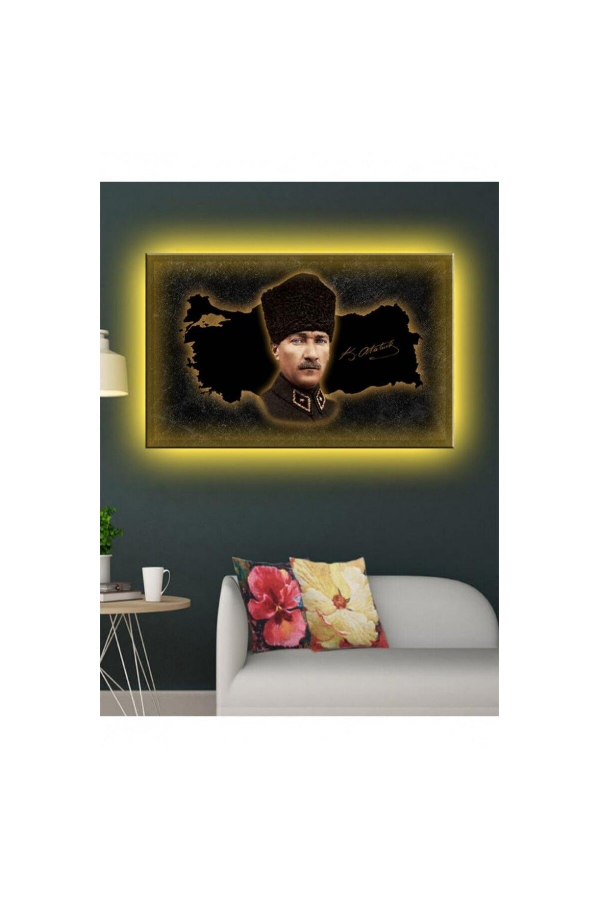 OK AKSESUAR Kanvas Tablo Atatürk Ve Türkiye Haritası Led Işıklı
