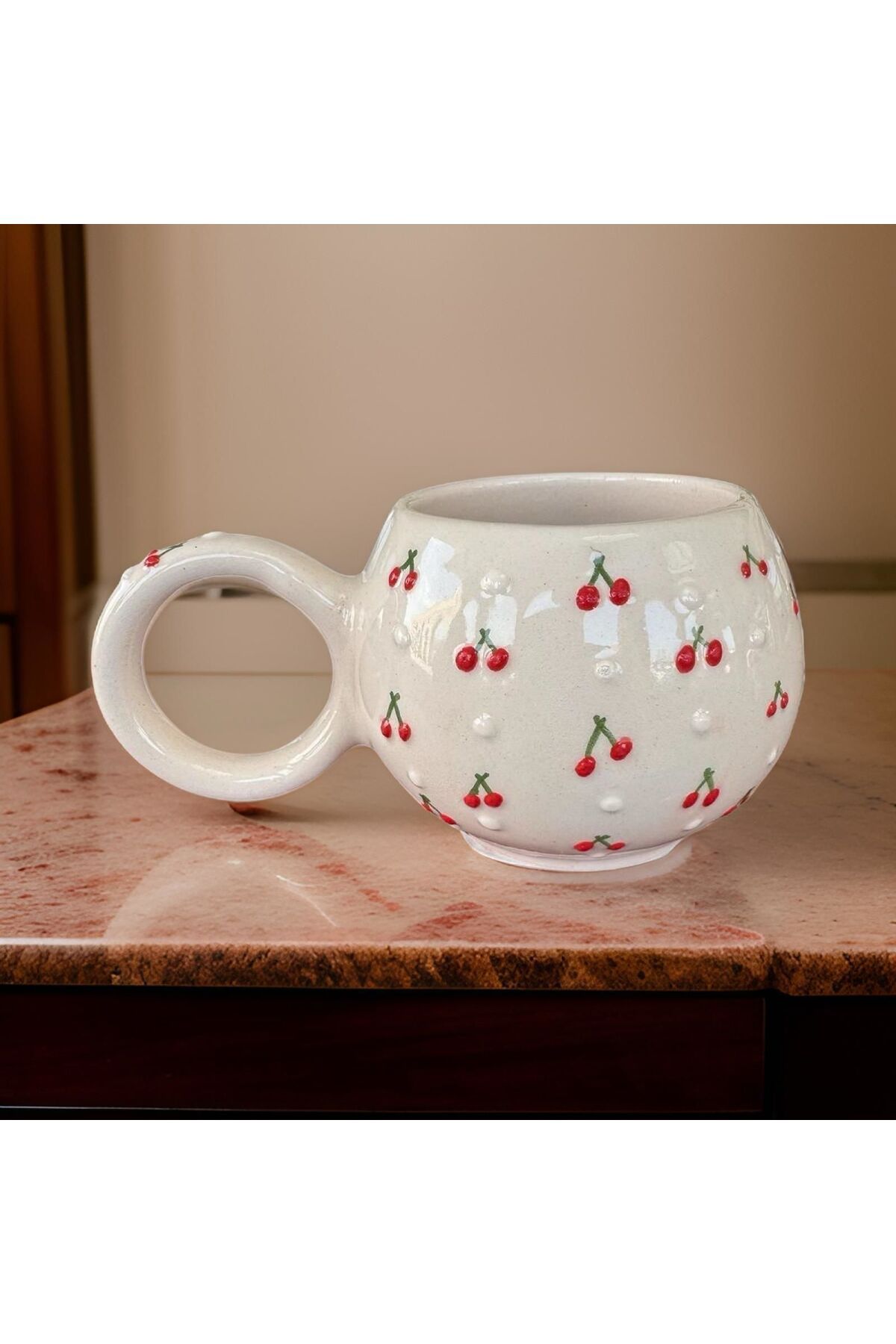 Giftorium Grup El İşi Ece Baby Kiraz Desenli Seramik Kupa Bardak Mug