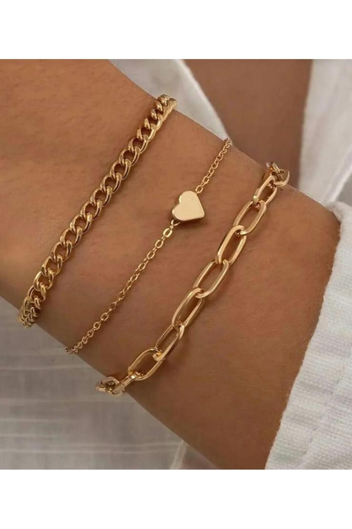 Valona Jewelry 3'lü Kalp Detaylı Gold Kombin Bileklik