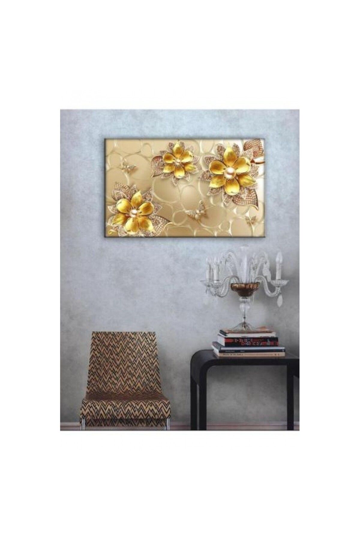 OK AKSESUAR Kanvas Tablo 3D Dekoratif Gold Çiçek Led Işıklı