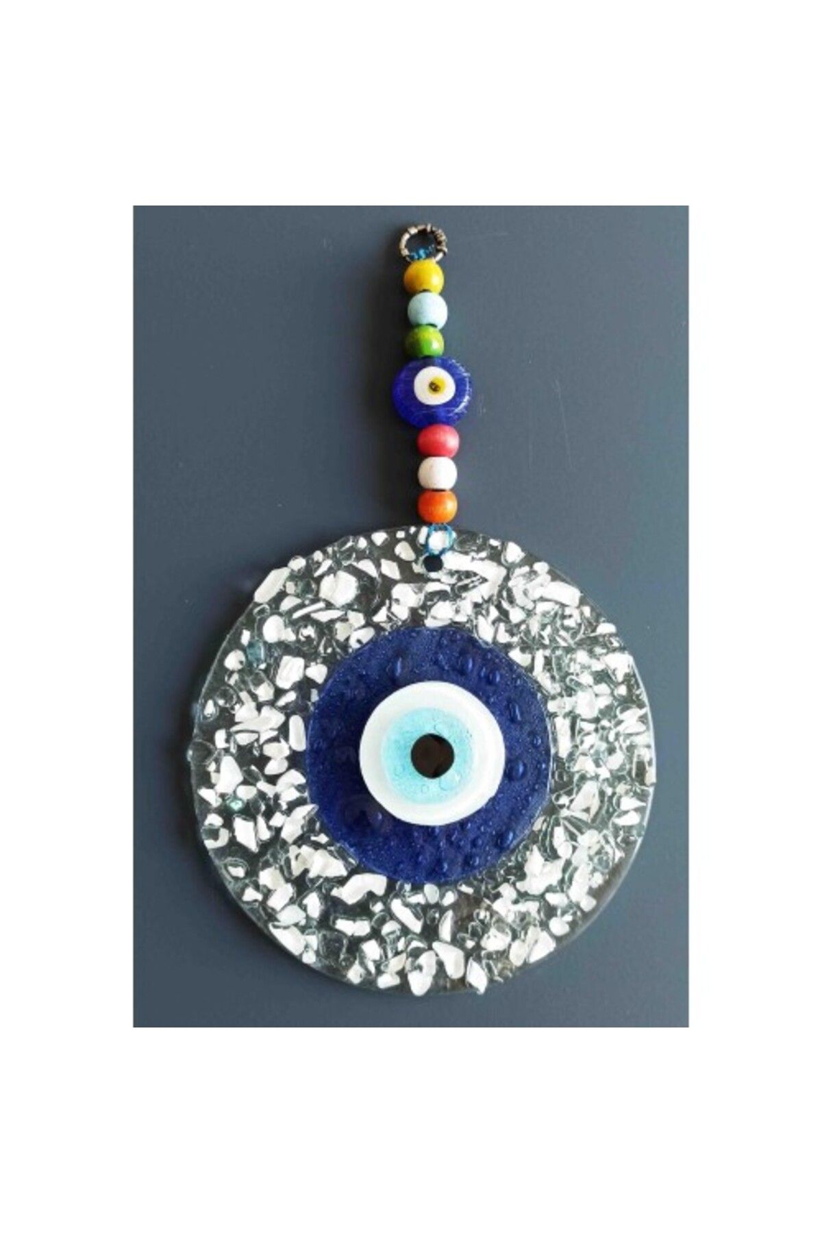 Shop58 Mavi Nazar Boncuklu Beyaz Kesme Cam Desenli Duvar Süsü Nazarlık