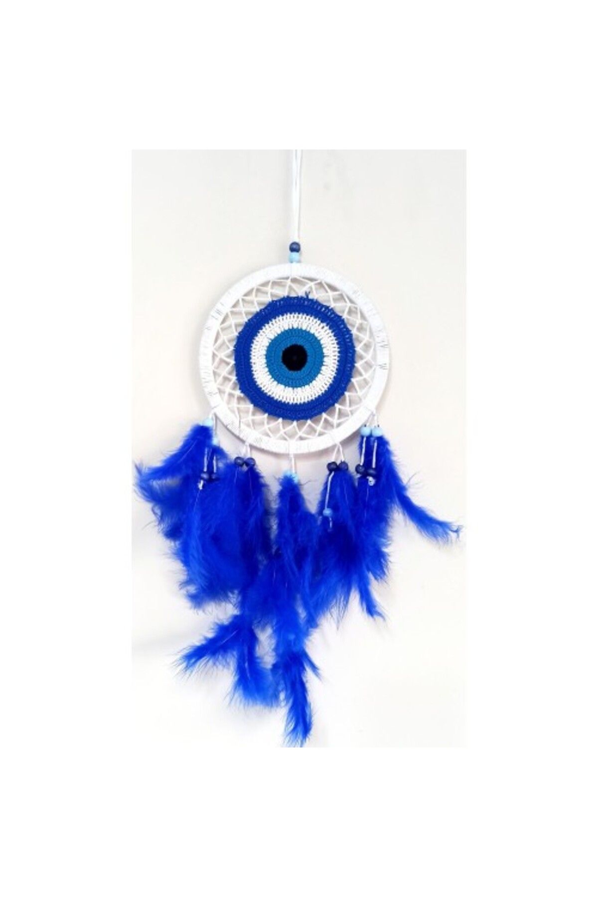 Shop58 Saks Mavisi Kuş Tüylü Dream Catcher Nazar Boncuğu Motifli Düş Kapanı Duvar Süsü