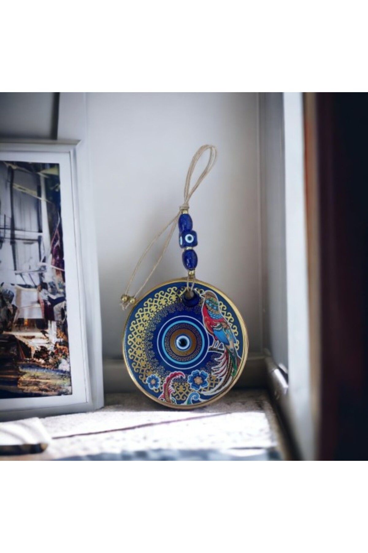 Shop58 Yaldızlı Bülbül Kuşlu Çicekli Nazar Boncuklu Duvar Süsü Camlı Duvar Dekoru