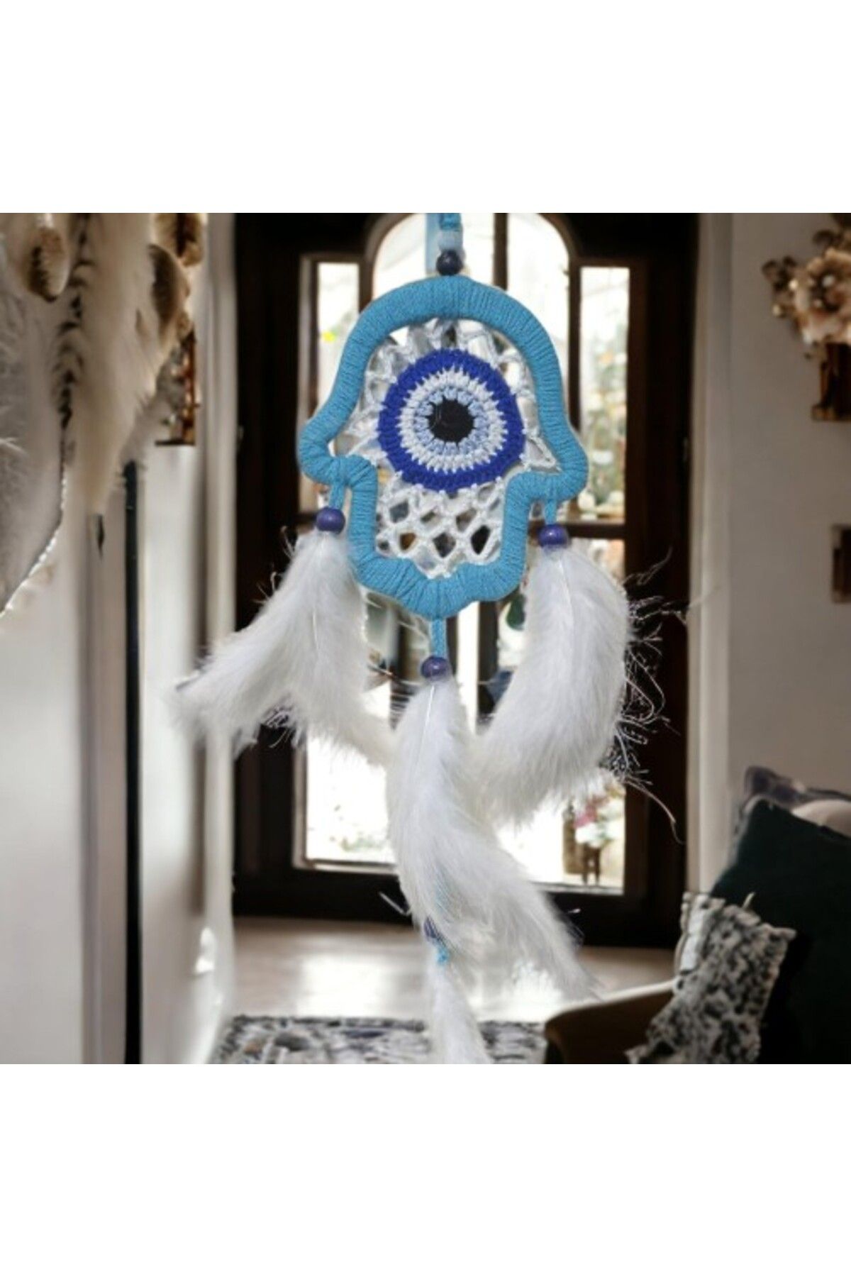 Shop58 Nazar Boncuğu Motifli Turkuaz Fatma Ana Eli Duvar Süsü El İşçiliği Duvar Dekoru