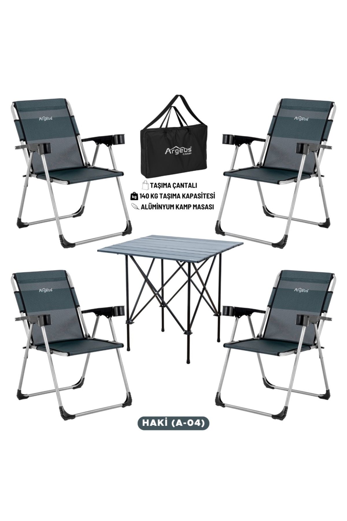 AtikCamp 4 Adet Katlanır Kamp Sandalyesi ve Alüminyum Masa Seti - Rock Dark - Haki - Taşıma Çantalı