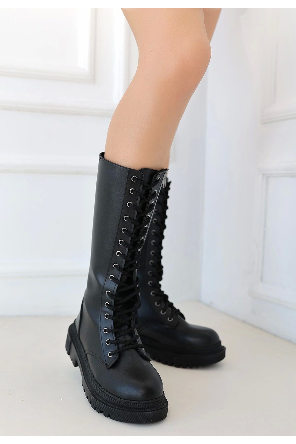 Shop58 Uliza Siyah Cilt Bağcıklı Çizme