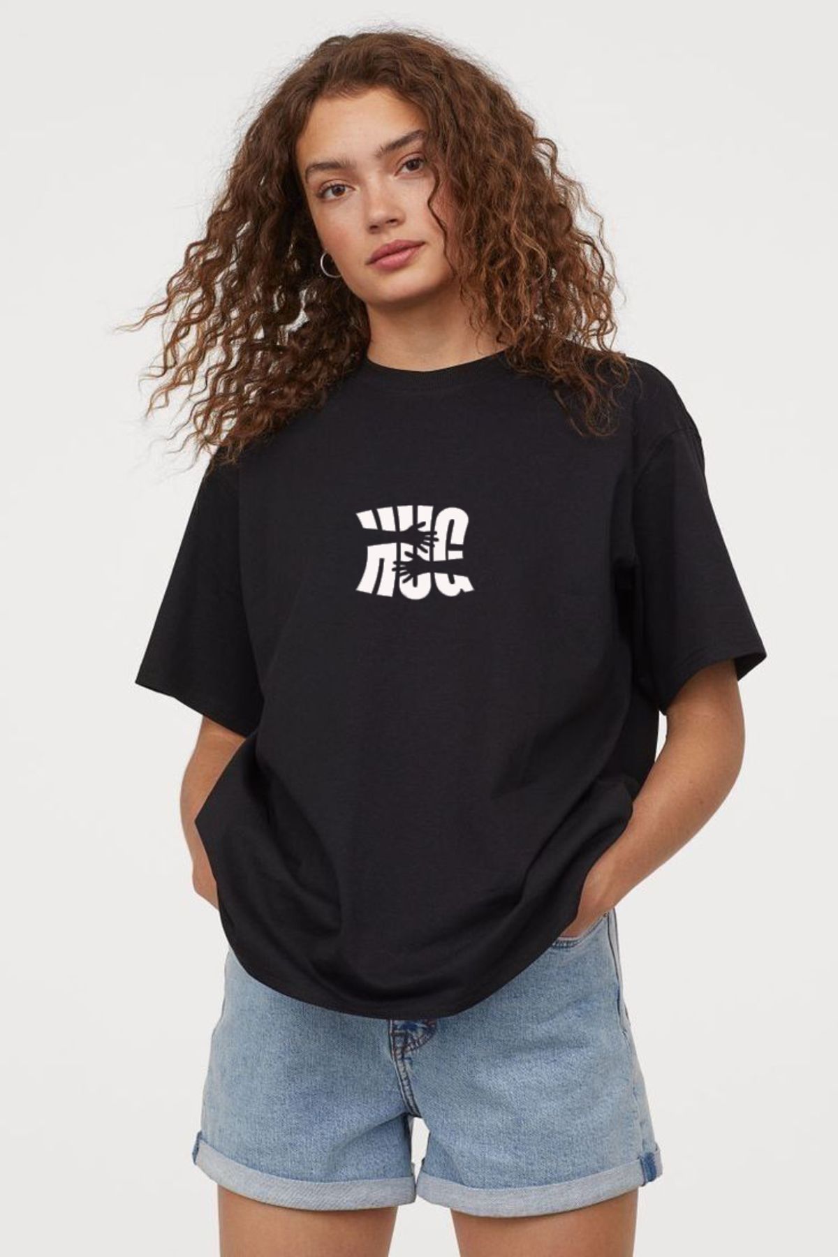 SEL WEAR kadın yazlık pamuklu kumaş (HUG) baskılı oversize t-shirt