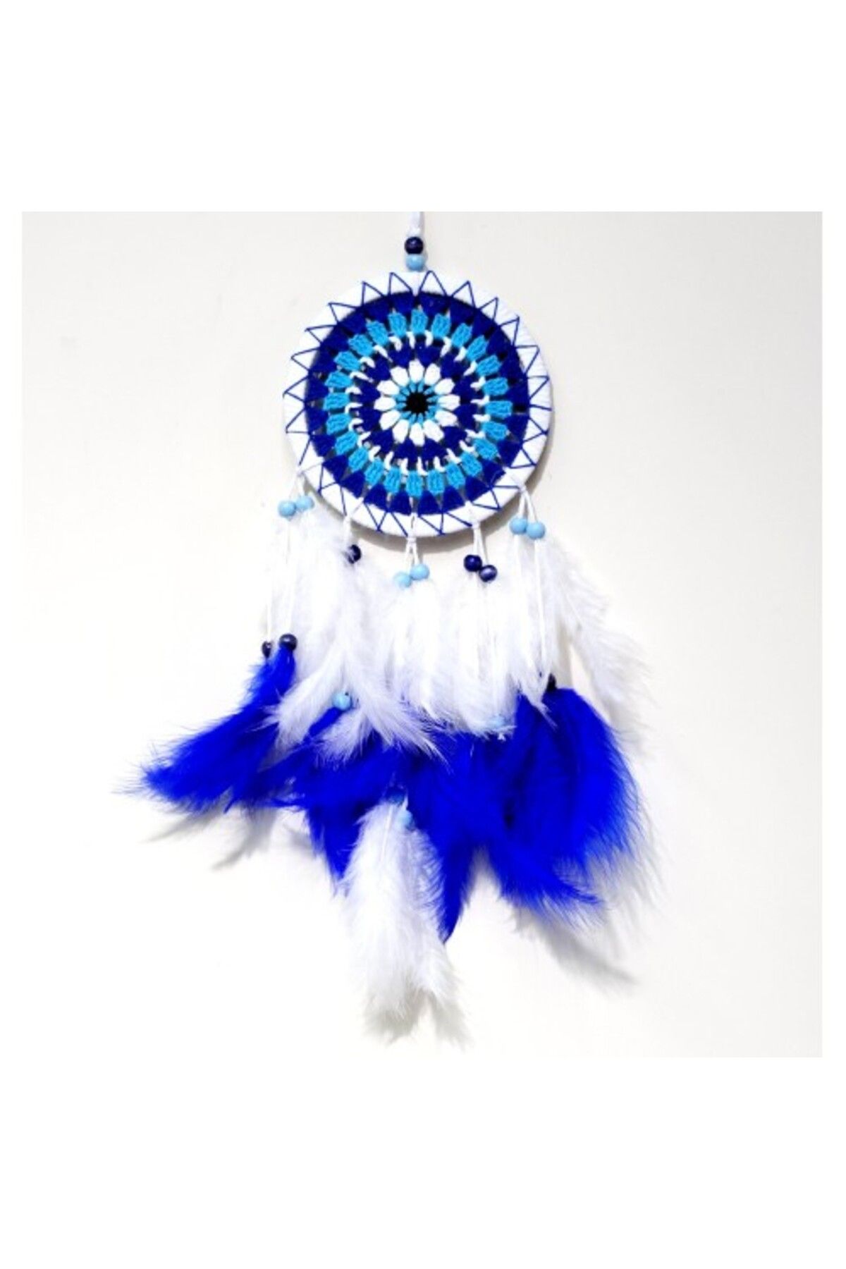 Shop58 Nazar Boncuğu Desenli Bol Kuş Tüylü Beyaz Renk Dream Catcher El Yapımı Duvar Dekoru