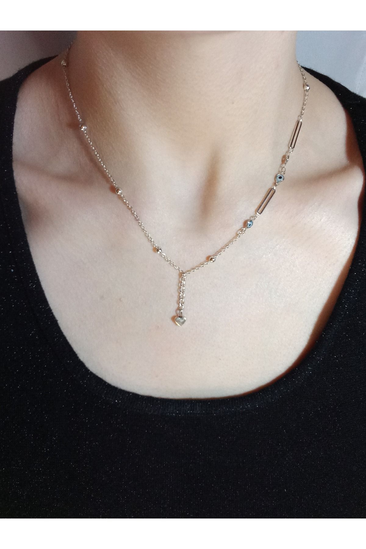 Crystal Atelier Gümüş Kaplama Nazar Boncuklu Kalp Kolye-Minik Nazar Boncuklu Kalp Kolye-Kalp Kolye-Zincir Kolye
