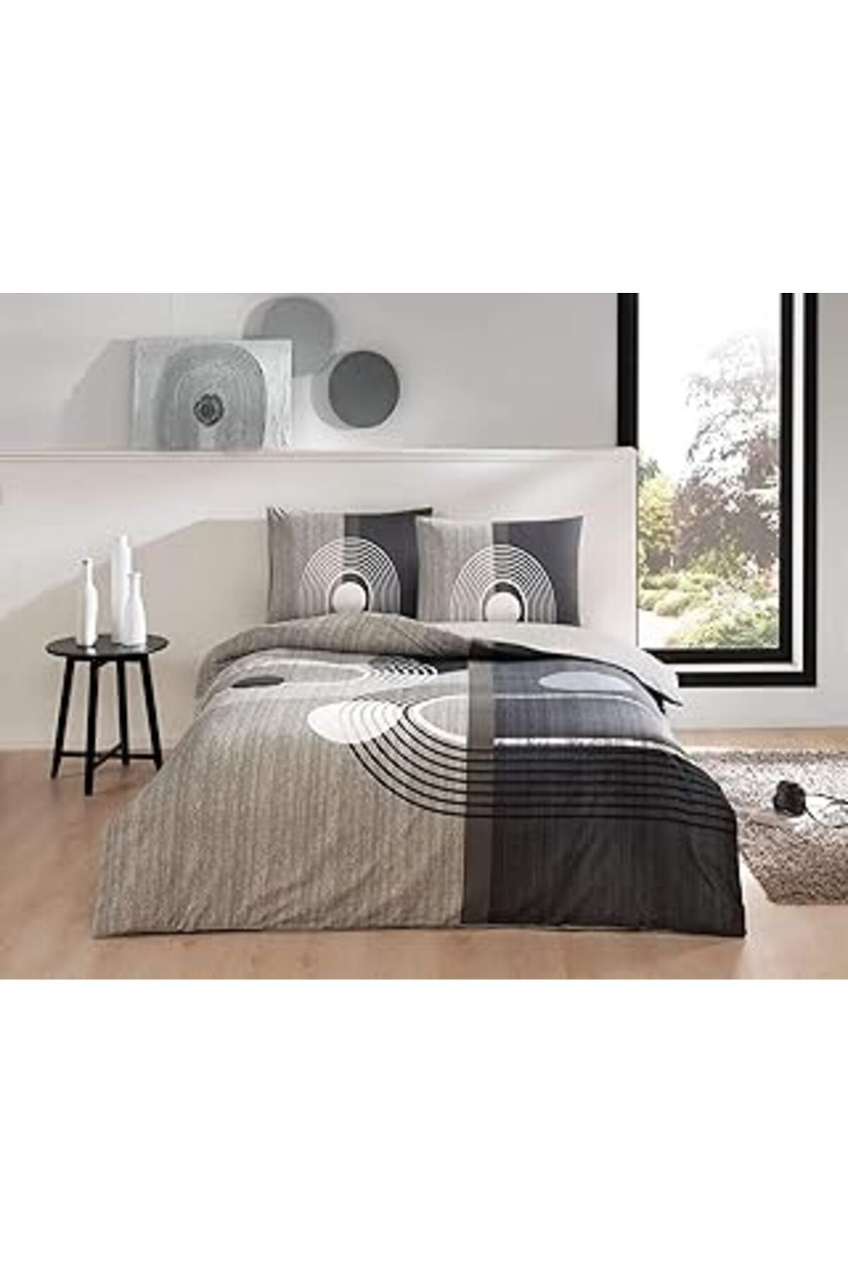 DENİZBİLİŞİM Geometrik Desenli%100 Pamuk Nevresim Takımı, Gri, Çift Kişilik (Nevresim: 200X220 Cm/Çarşa