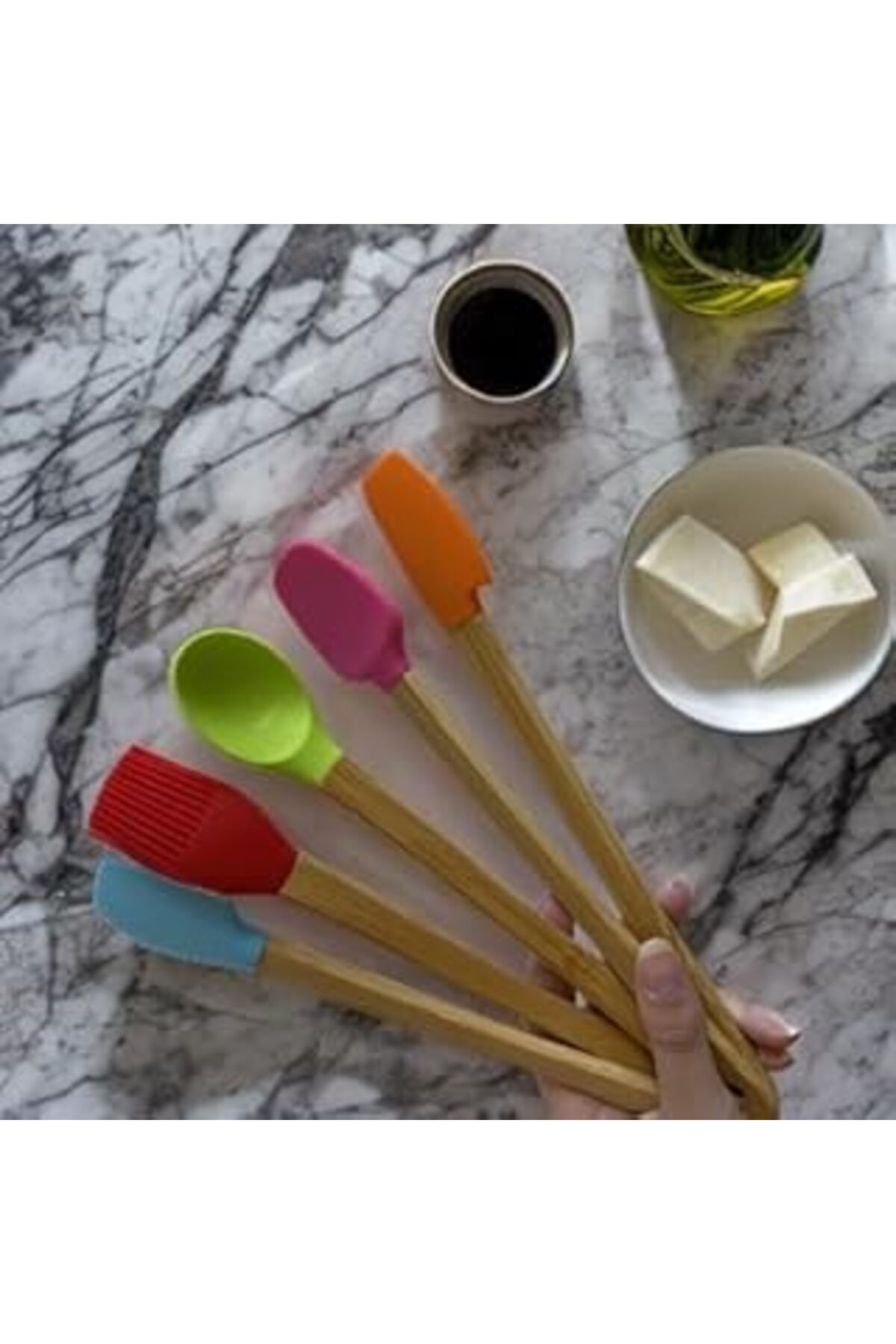 Pazarcan 5’Li Set Renkli Bambu Saplı Silikon Spatula Seti