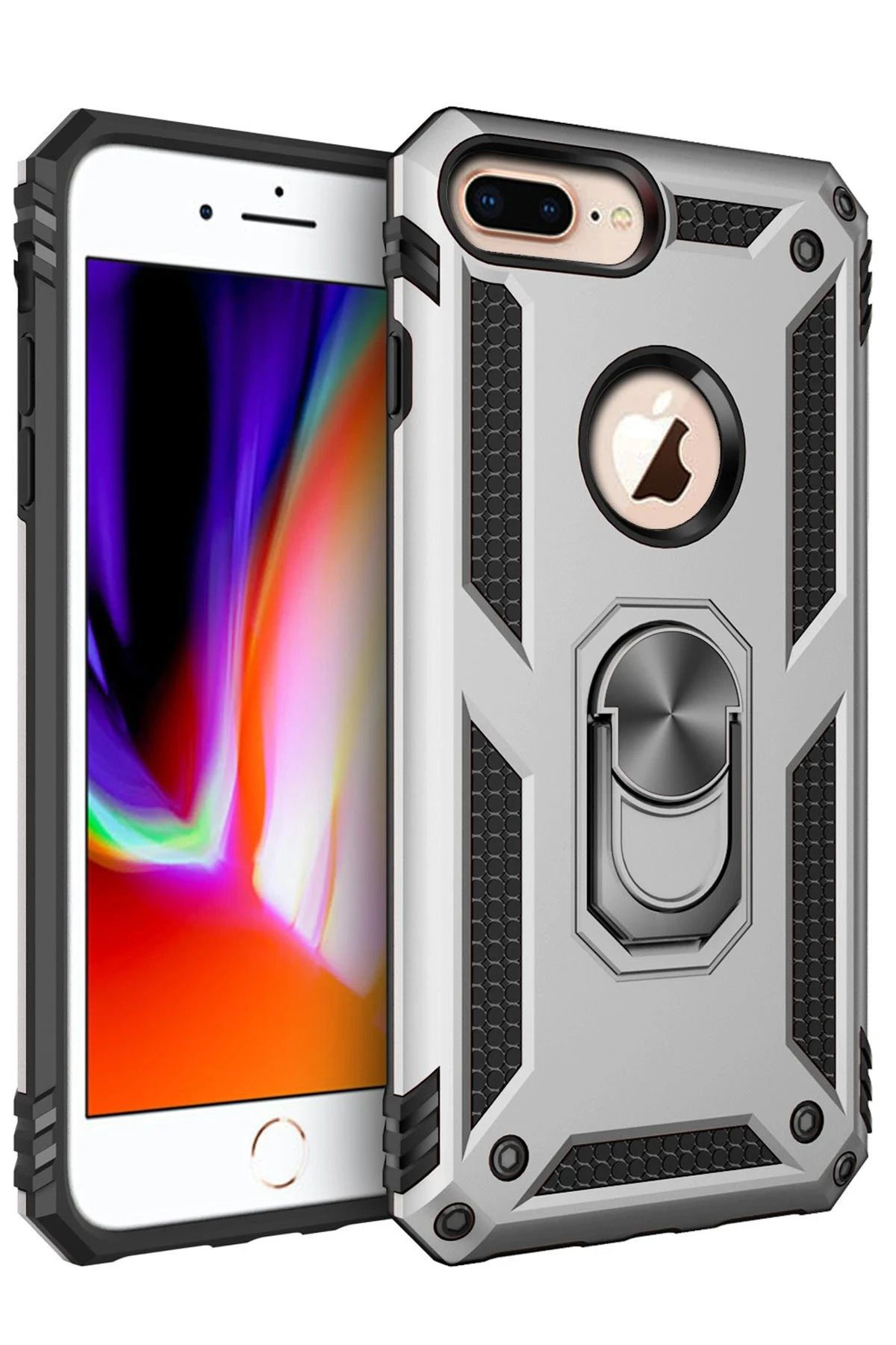 NewFace iPhone 7 Plus Kılıf Sofya Yüzüklü Silikon Kapak - Gümüş SVLRS
