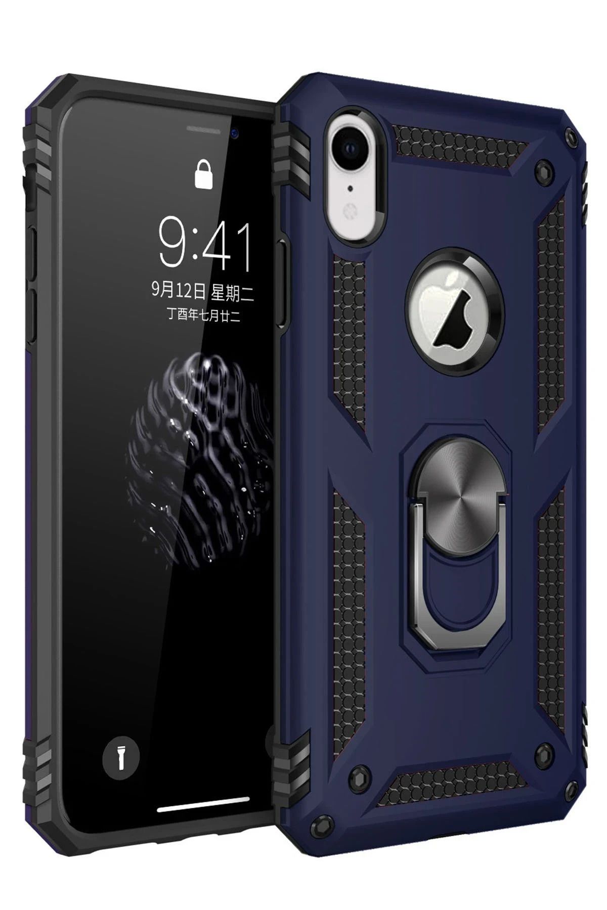 NewFace iPhone XR Kılıf Sofya Yüzüklü Silikon Kapak - Lacivert SVLRS