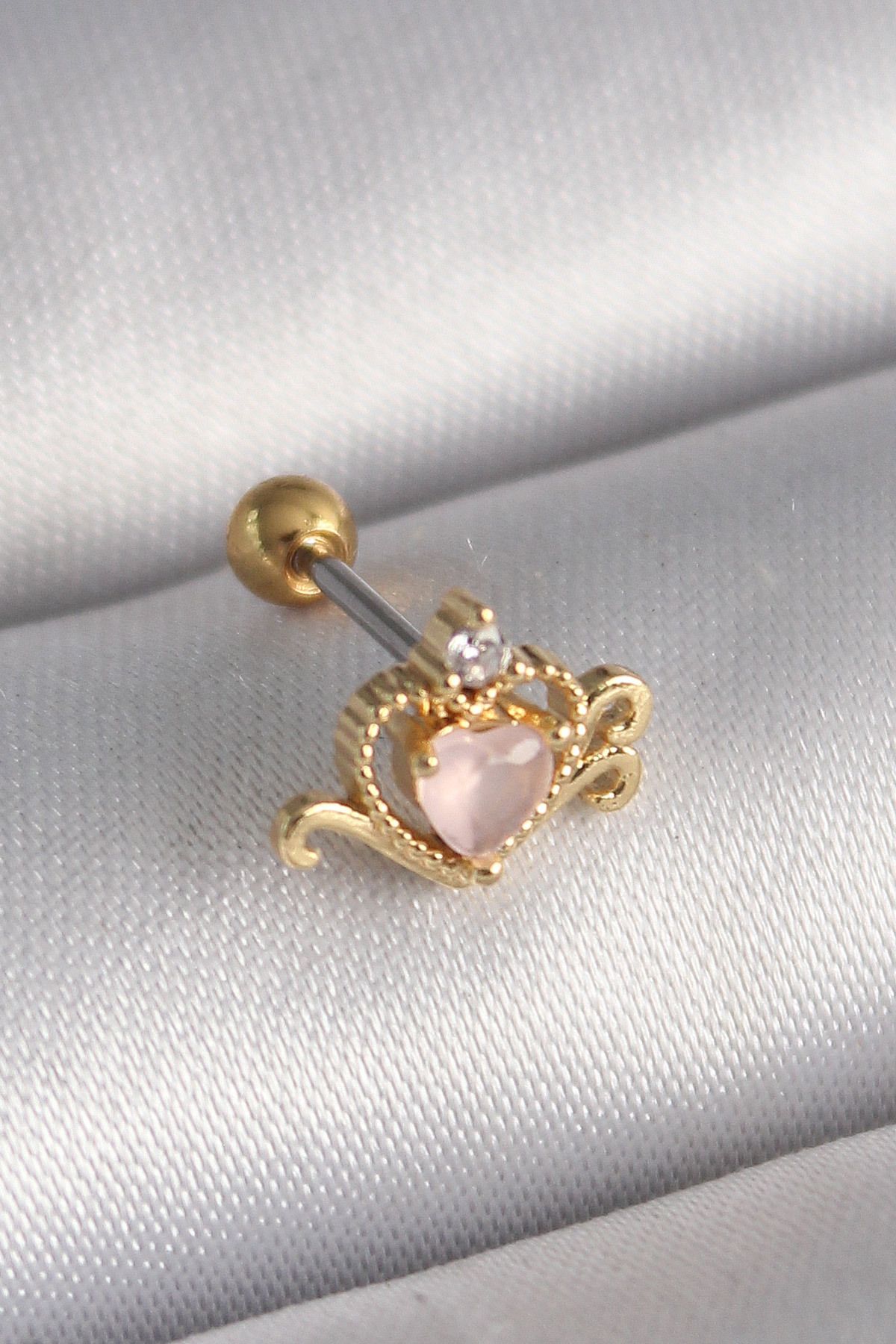 robotrend 316L Çelik Gold Renk Pembe Mineli Kalp Zirkon Taş Detay Tragus Piercing