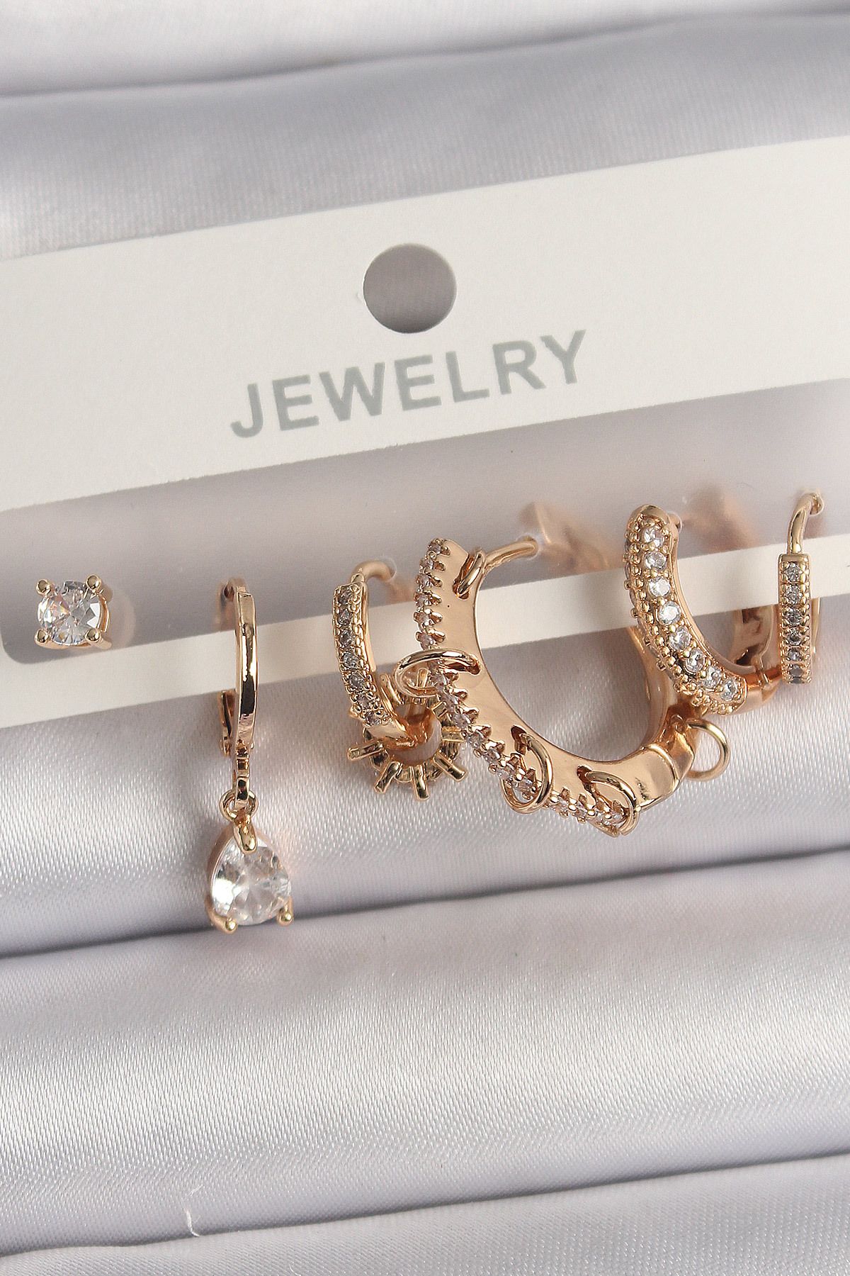 BZK ACCESSORİES Pirinç Gold Renk Sallantı Zirkon Taşlı Halka Model Damla Zirkon Taş Detay Çoklu Kadın Küpe Seti